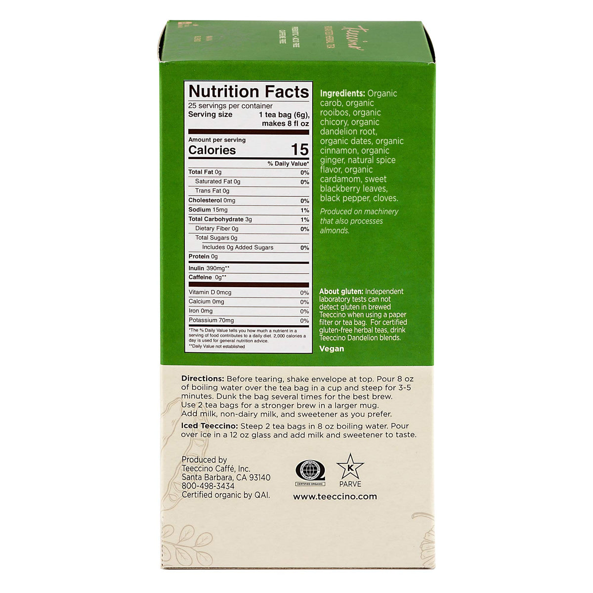 Teeccino Maya Chai Herbal Tea - Caffeine Free, Prebiotic, 25 Tea Bags, Model TEE40121