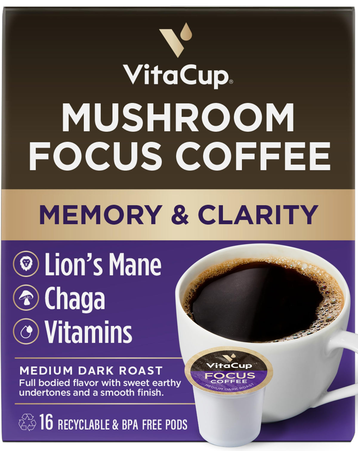 Vitacup Mushroom Coffee Pods - Boost Focus & Immunity With Lions Mane, Chaga, Vitamins, For Memory & Clarity, Recyclable K-Cup P
