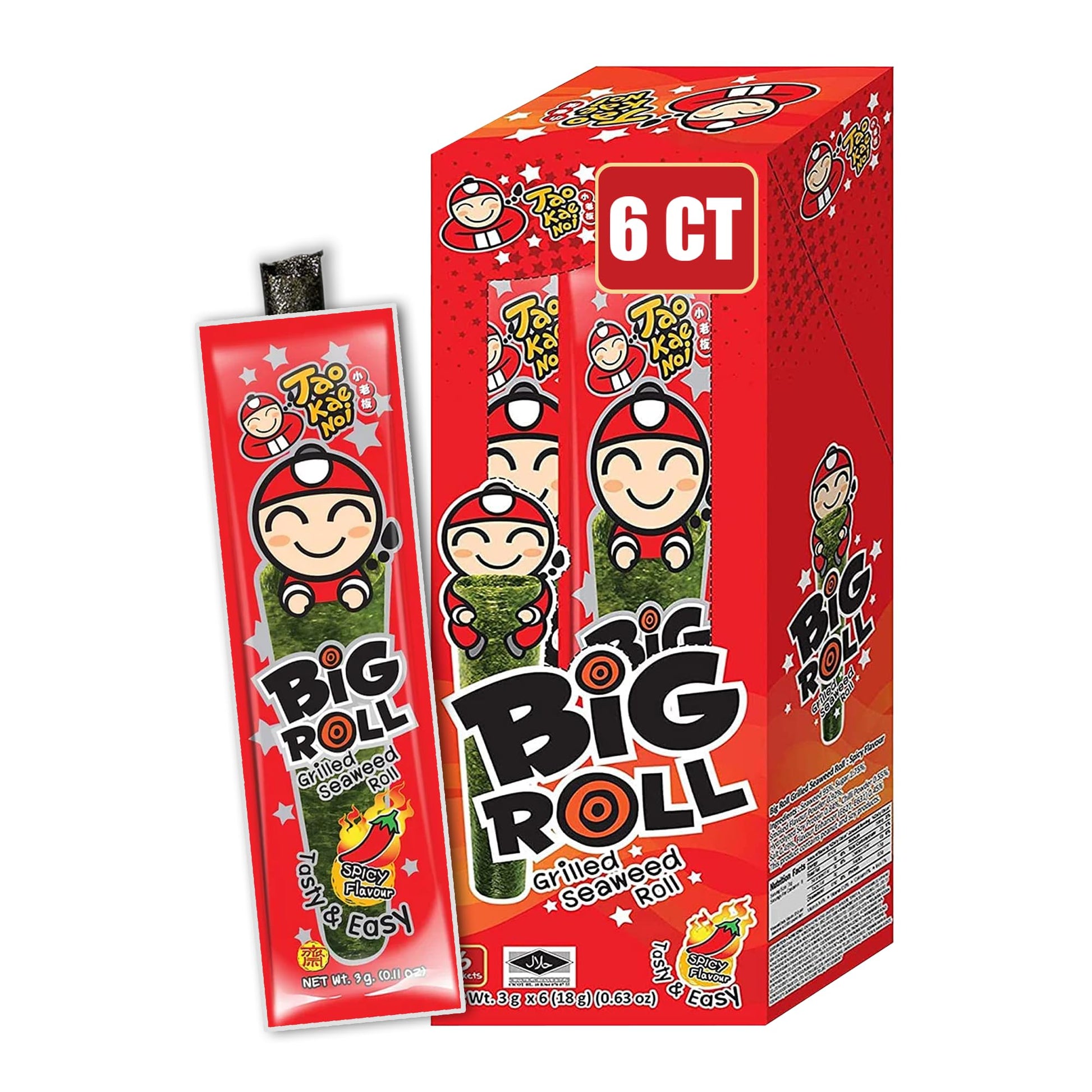 Big Roll Grilled Seaweed Snacks by Tao Kae Noi, Spicy Flavor Grilled Seaweed Rolls, Healthy Nori Sheet Rolls for Kids and Adults