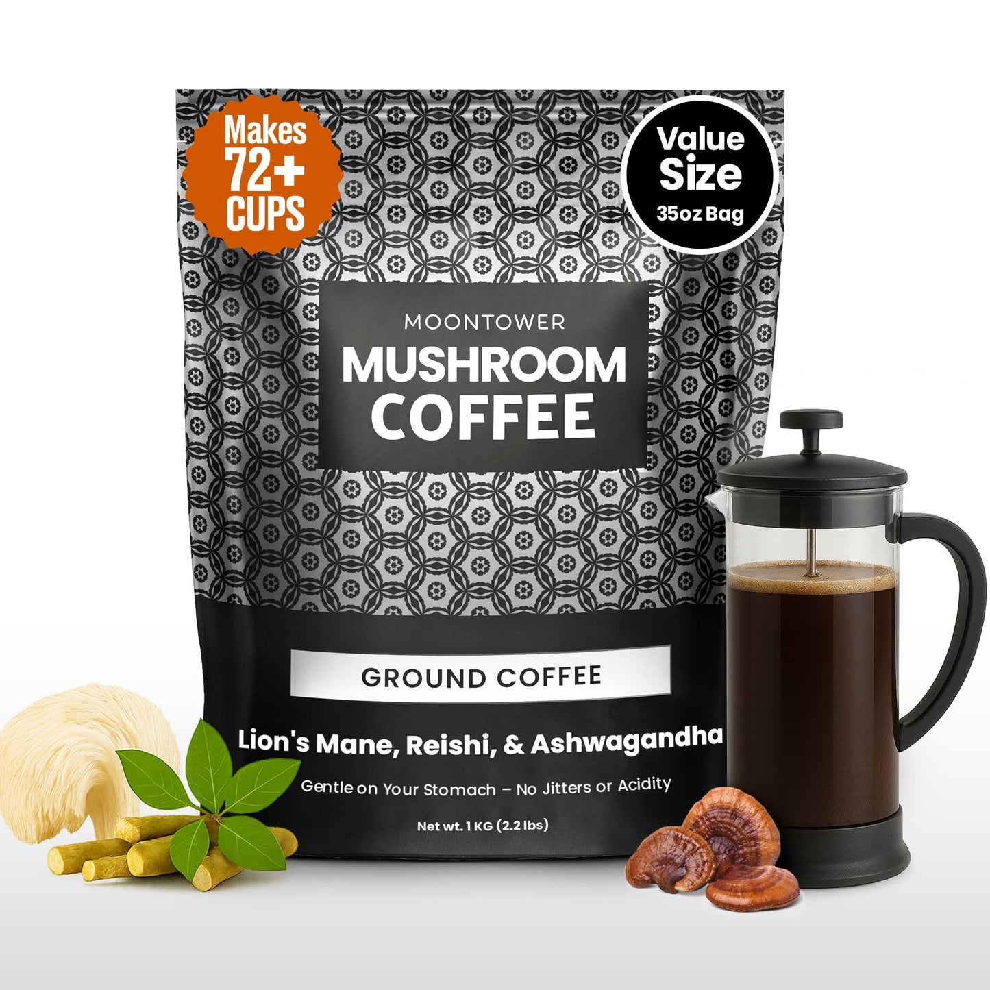 Moontower Mushroom Coffee - Adaptogen Blend with Ashwagandha & Lions Mane, 35 oz Ground Coffee for Focus & Clarity