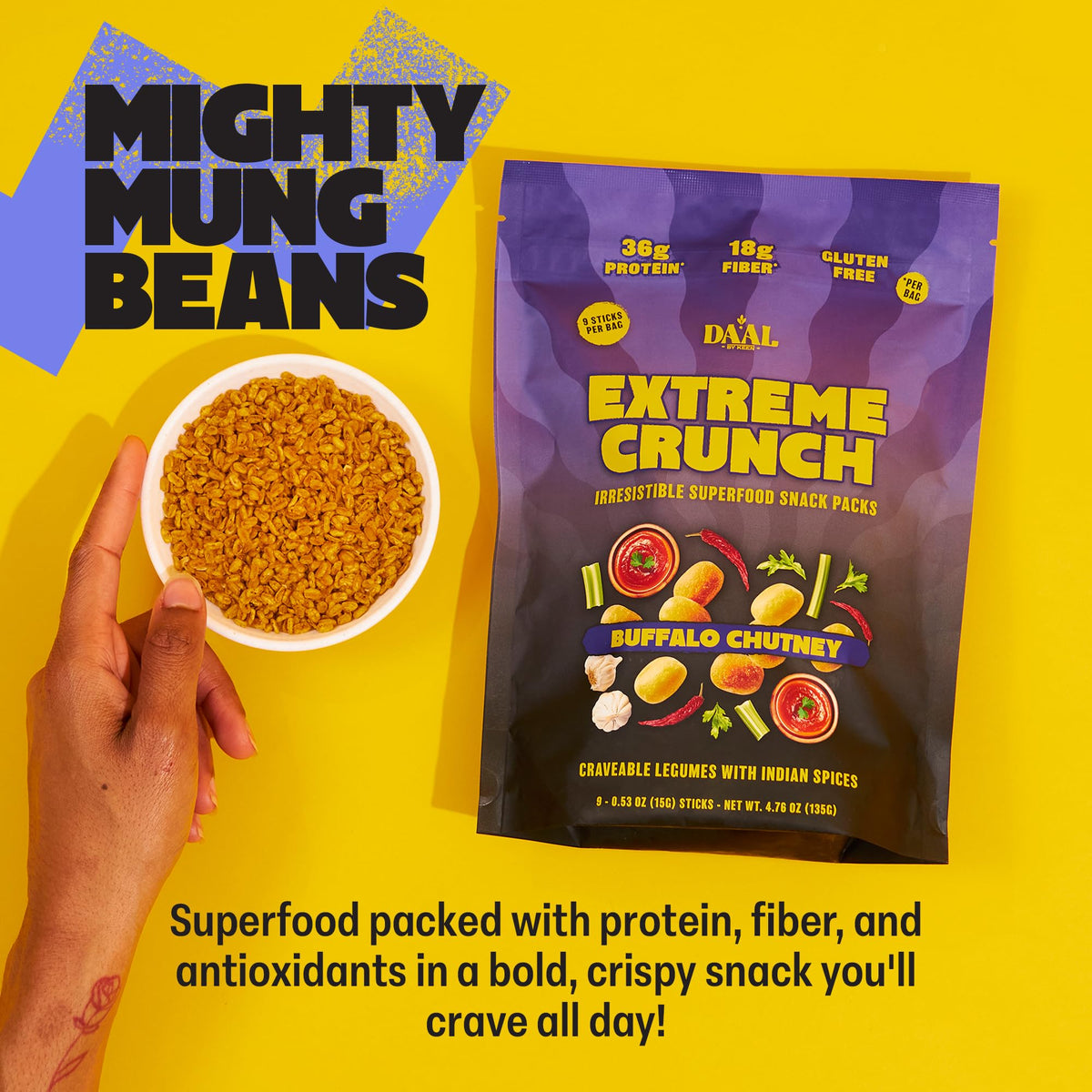 Daal By Keen Crunchy Mung Bean Snacks - Buffalo Chutney - Plant-Based Protein, High Fiber, Gluten-Free, Nut-Free - Mix into Sala