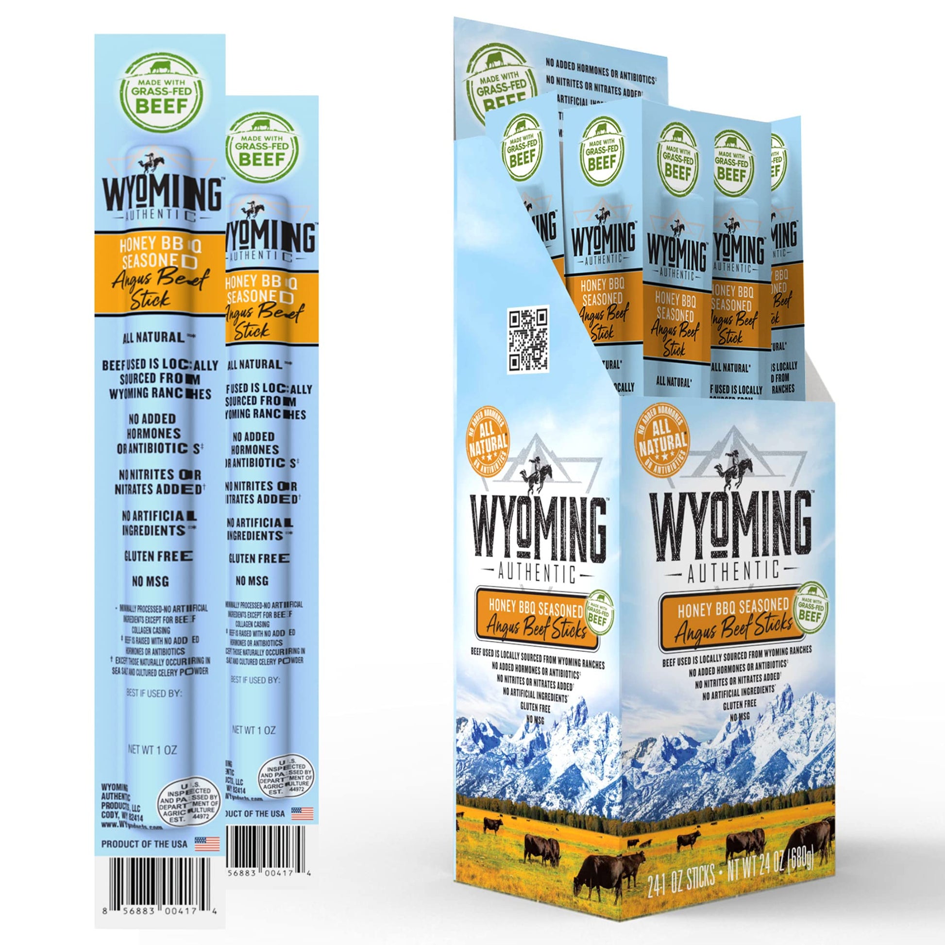 Wyoming Gourmet Beef All-Natural Grass-Fed Angus Beef Sticks, Honey BBQ Flavor - High-Protein Low-Carb Low-Fat Gluten-Free Nitra
