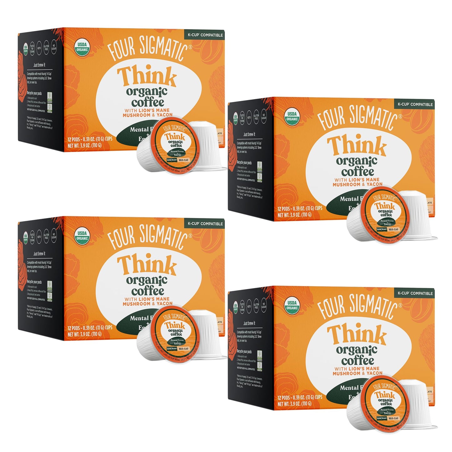 Four Sigmatic Mushroom Coffee K-Cups, Organic Dark Roast, Focus & Immune Support, 48 Count, Vegan, Keto, Sustainable Pods