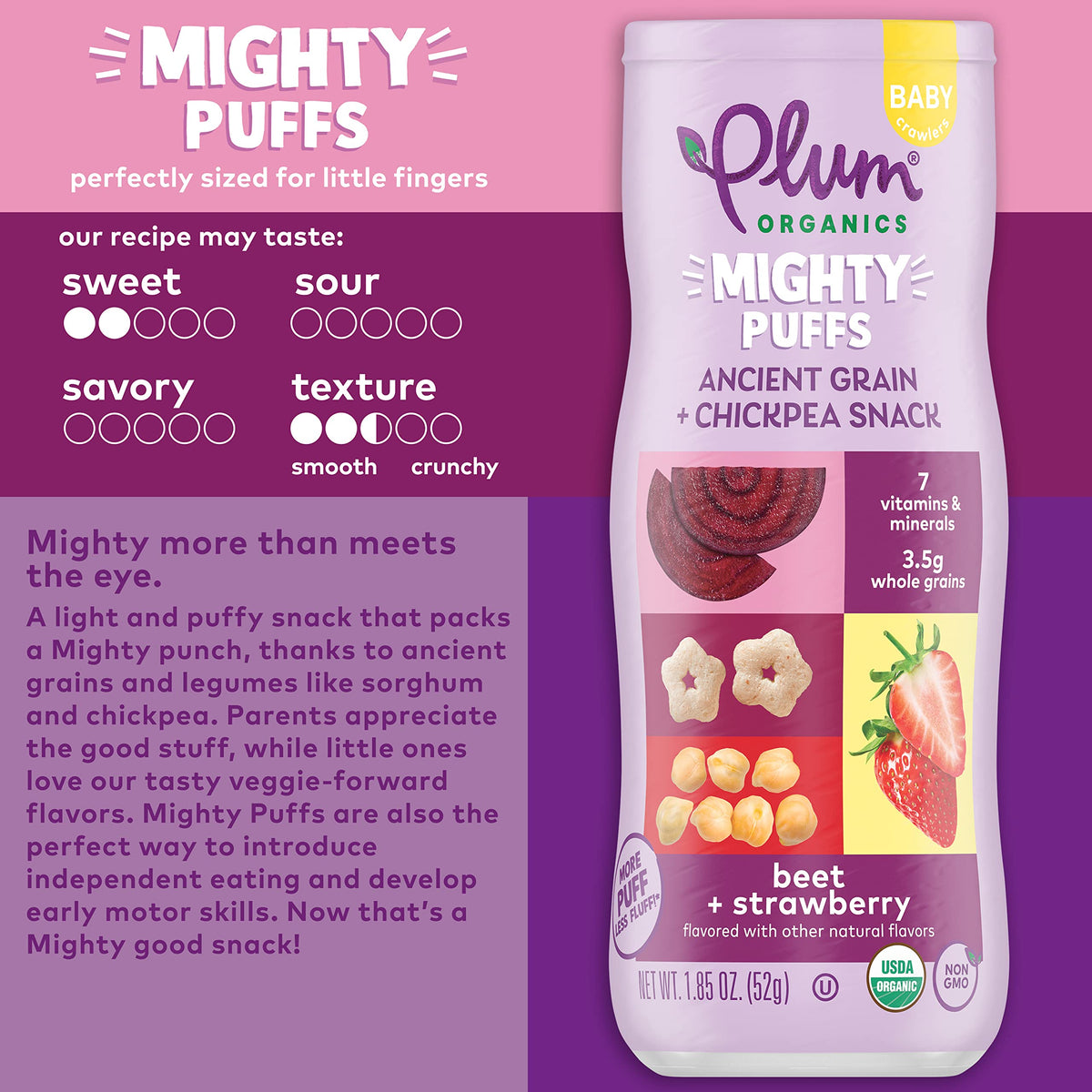 Plum Organics Mighty Puffs Organic Baby Food - Beet And Strawberry - 1.85 Oz Canister (Pack Of 6) - Ancient Grains And Chickpea
