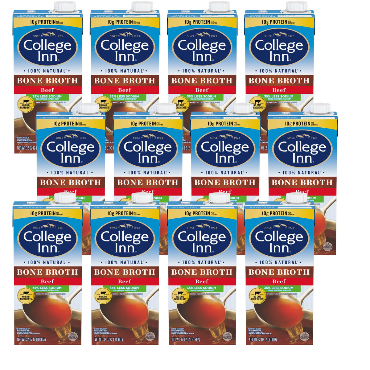 College Inn Beef Bone Broth, Reduced Sodium, 32 Fl Oz (Pack of 12), Clear