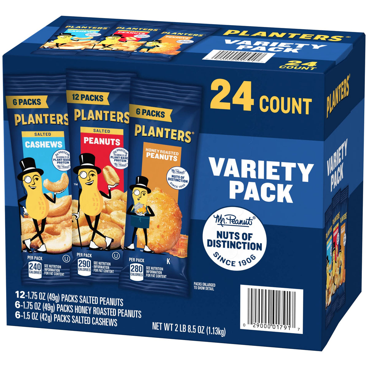 PLANTERS Peanuts & Cashews Variety Pack, 40.5 oz, 24 Count, Includes Honey Roasted Peanuts, Salted Peanuts, Salted Cashews