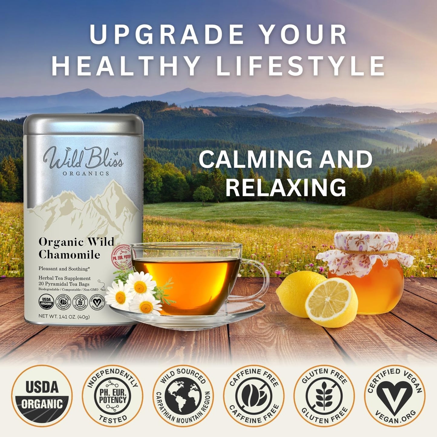 Wild Bliss Organic Chamomile Tea - Caffeine Free Herbal Support - 20 Plant Based Tea Bags