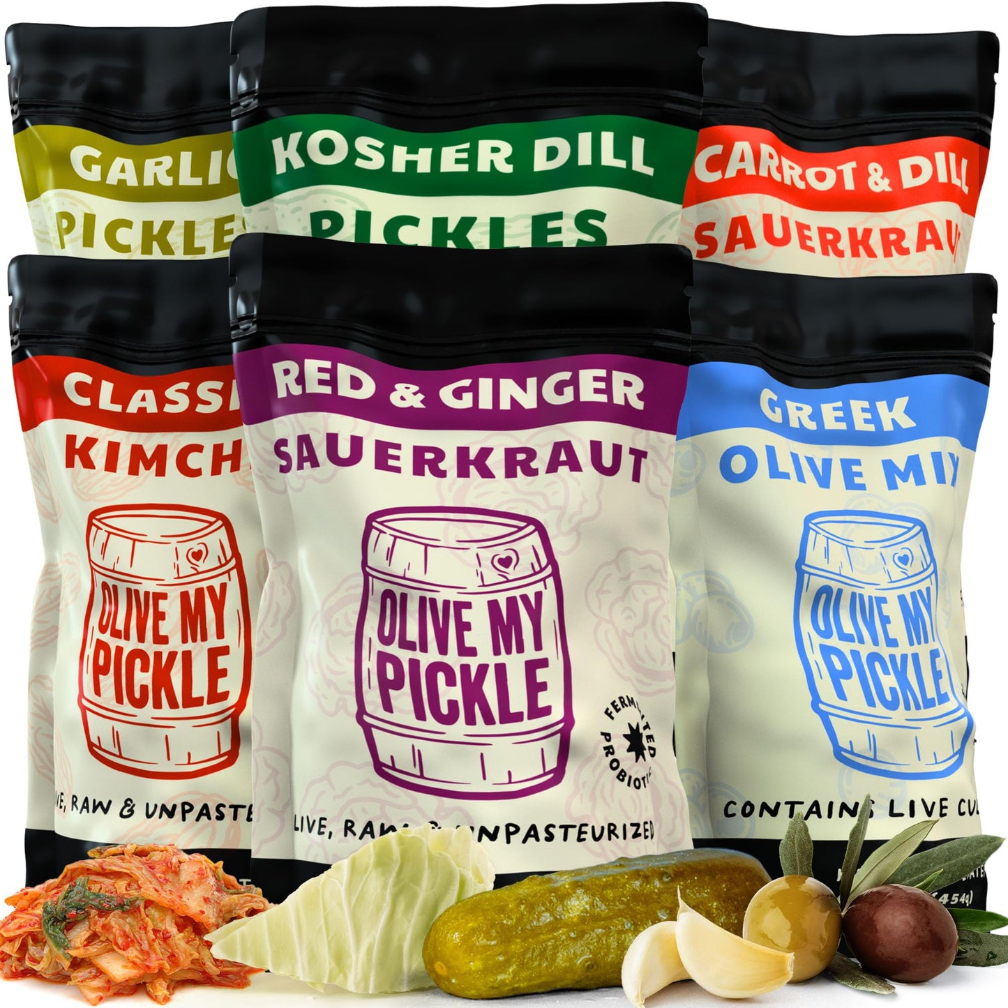 Olive My Pickle Fermented Sauerkraut Organic, Olives & Kimchi | 6 Pack of Carrot & Dill, Red & Ginger Sauerkraut, Garlic & Koshe