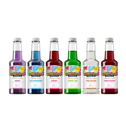 Hawaiian Shaved Ice Syrup Assortment, 6 Popular 16oz Flavors: Cherry, Grape, Blue Raspberry, Tiger s Blood, Lemon-Lime, Pina Co