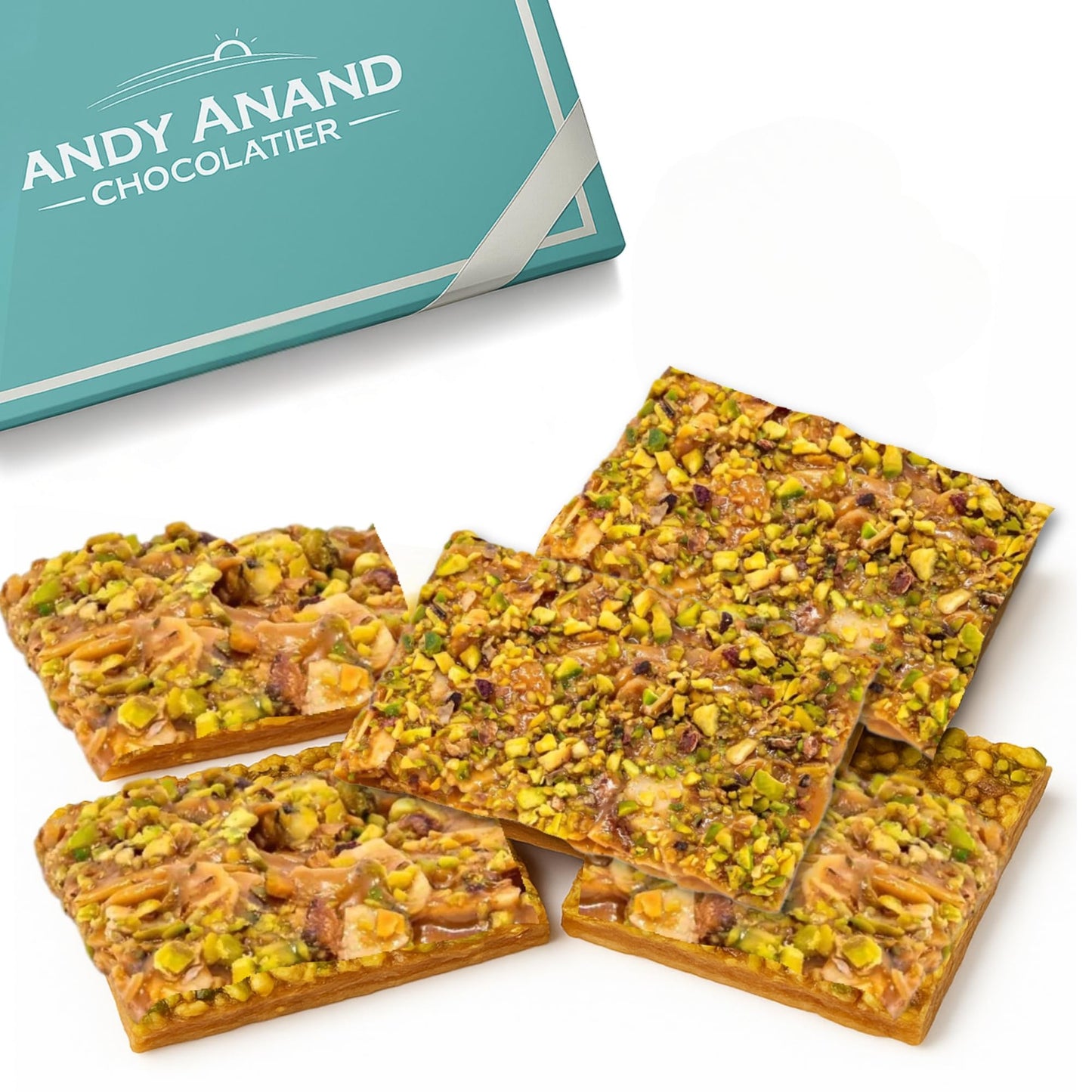 Andy Anand Chocolatier Gluten Free Pistachio Brittle - Made In Italy Roasted Nutty Croccante  Simply Delicious & Crunchy Gourmet Snack With All Natural Ingredients  No Preservatives (7 Oz)