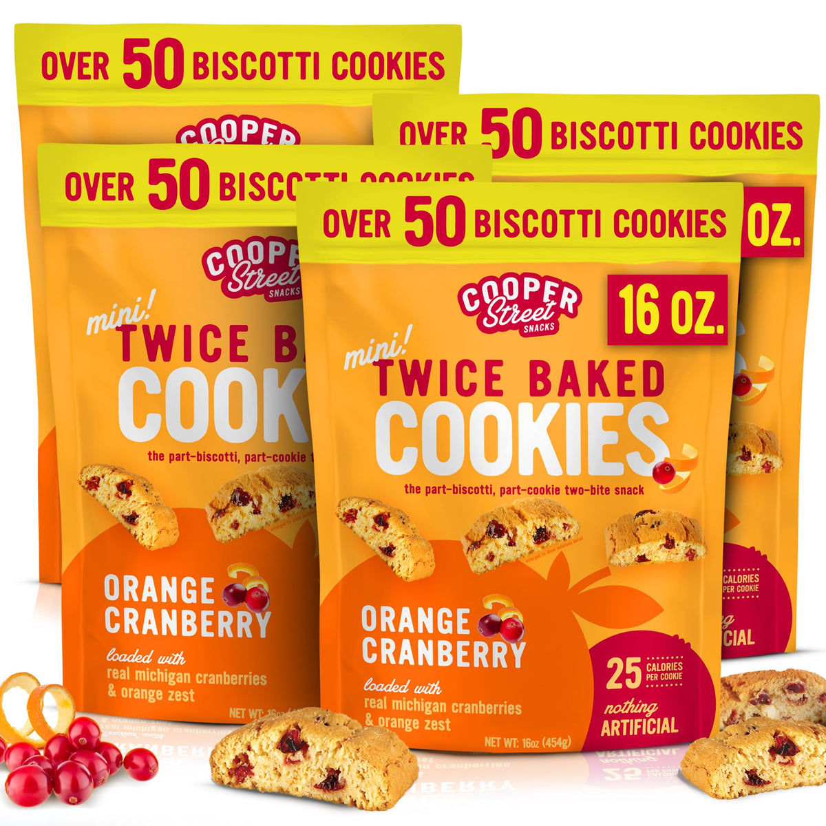 Cooper Street Twice-Baked Orange Cranberry Biscotti Cookies (16 oz - Pack of 4) - Over 50 Biscotti per Bag Loaded with Real Frui