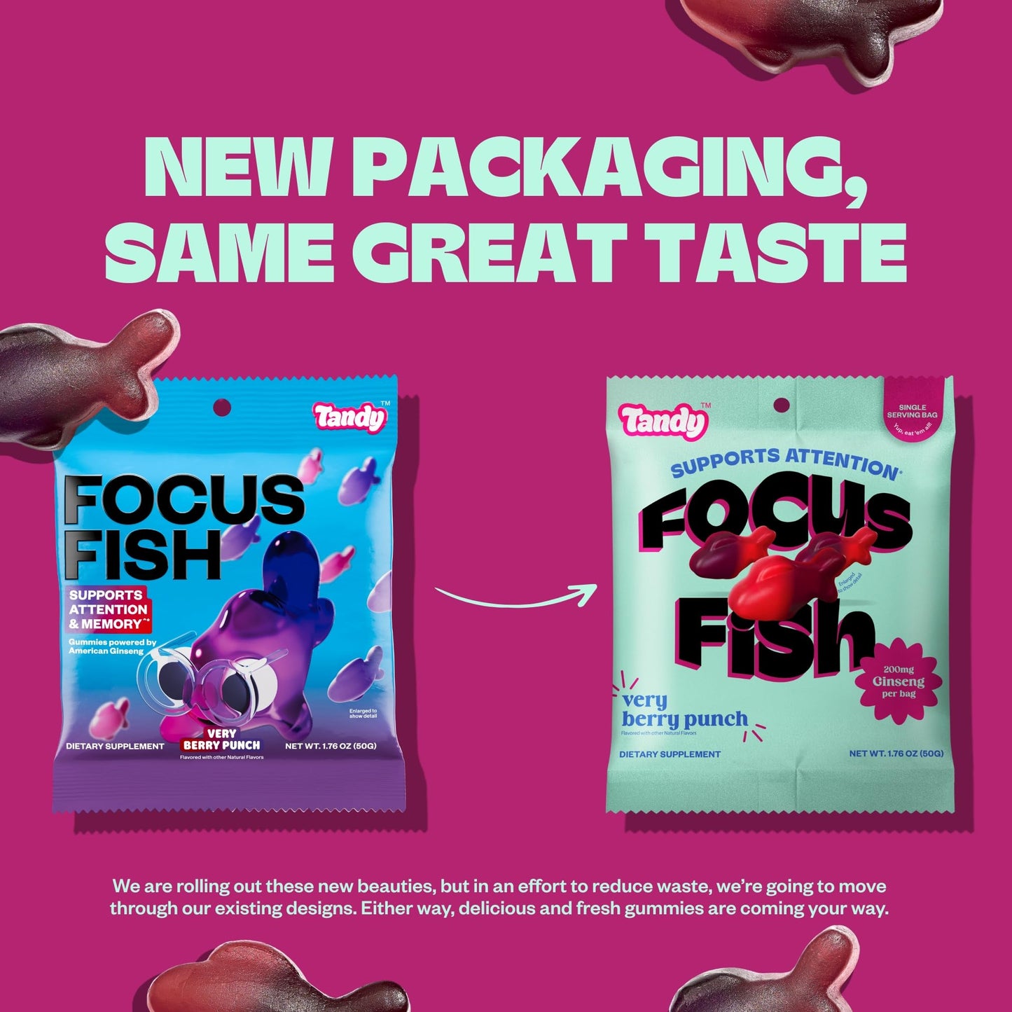 Tandy Focus Fish Gummy dietary products - American Ginseng, Very Berry Punch Flavor, Gluten-Free, 6 Count