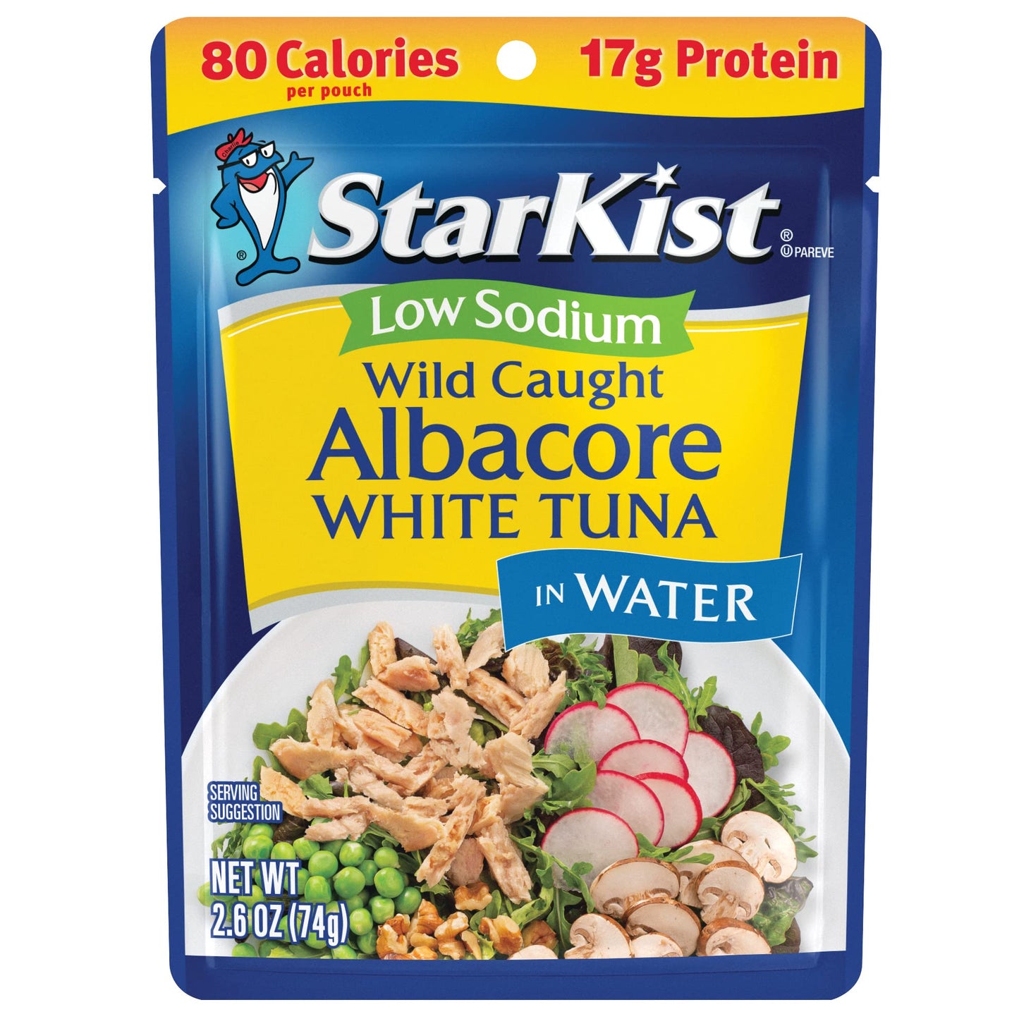 StarKist Low Sodium Albacore White Tuna in Water, 2.6 oz Pouch (24 Pack) Ready to Eat Wild Caught Tuna, 17g Protein, 80 Calories