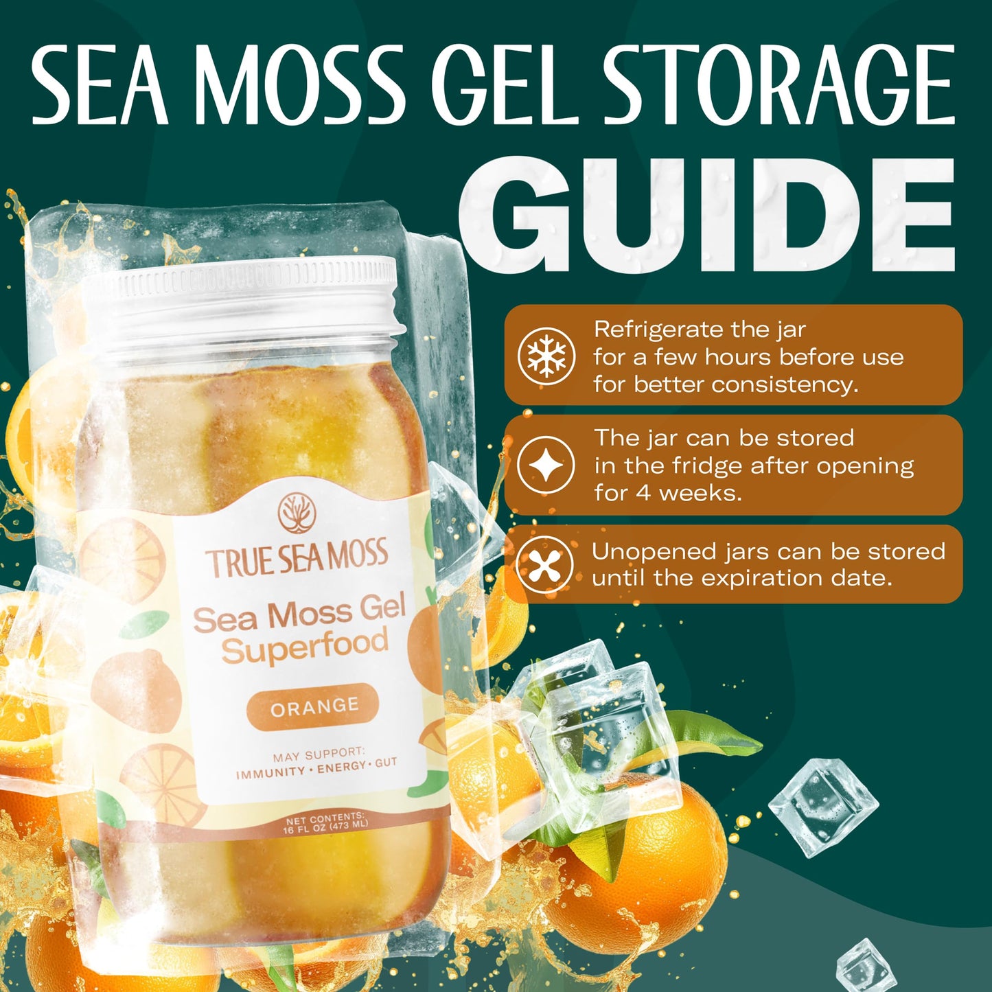 TrueSeaMoss Sea Moss Gel - Made in USA - Wildcrafted Seamoss  Fruits & Jarred Vegetables - Orange  Pack of 1 (Labels may Vary)