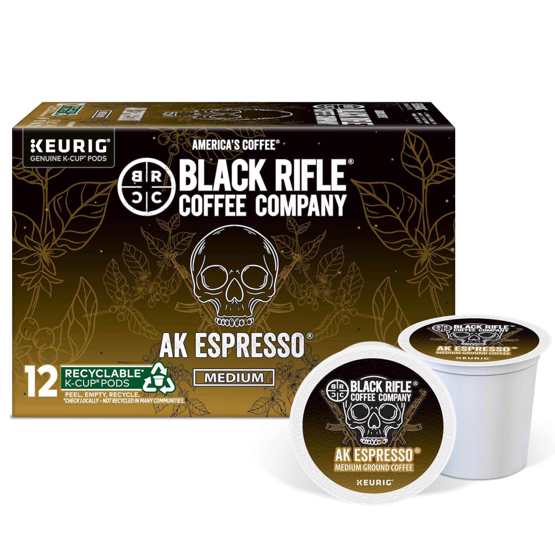 Black Rifle Coffee Company AK Espresso K-Cups, Medium Roast, 12 Count, Compatible with Keurig 1.0 & 2.0, Made from Arabica Beans