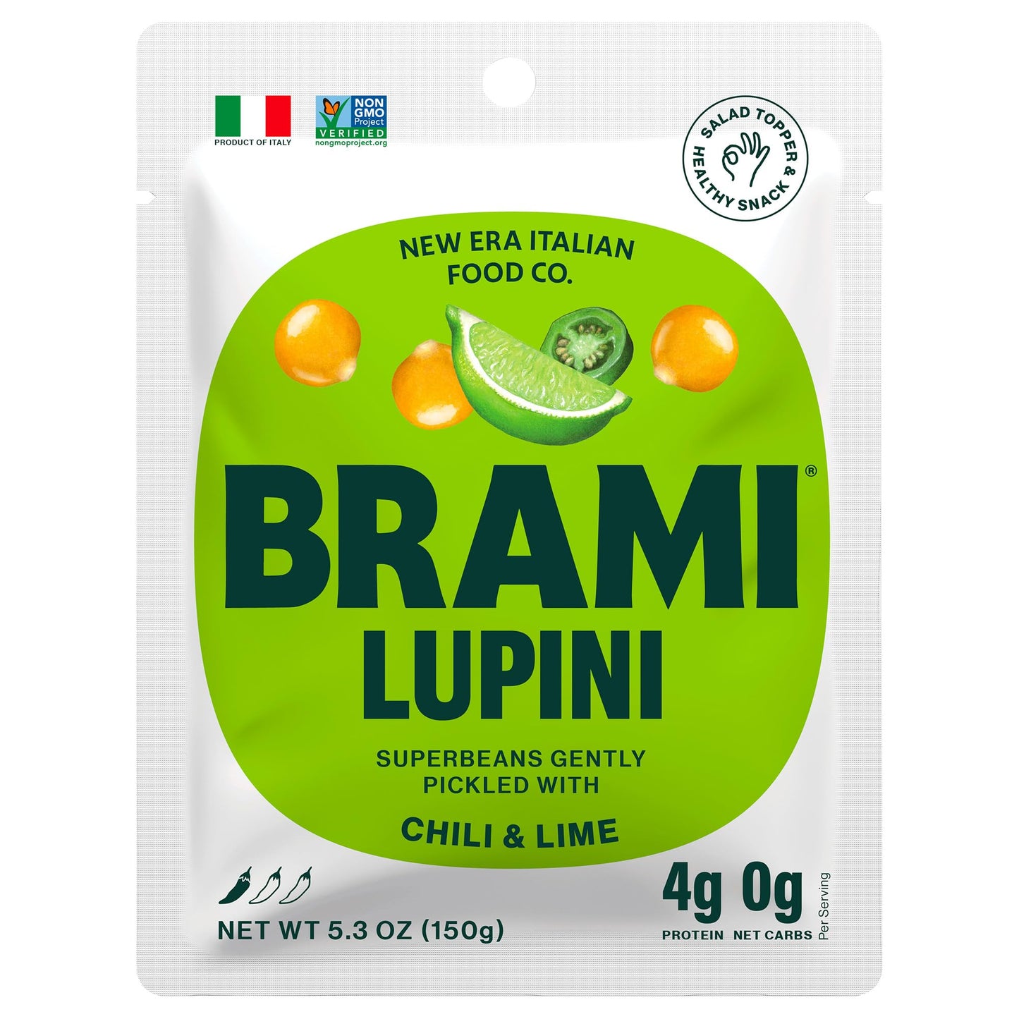 Brami Lupini Beans Snack, Chili & Lime, 7G Plant Based Protein, 0G Net Carbs, Vegan, Vegetarian, Keto, Mediterranean Diet, Non P