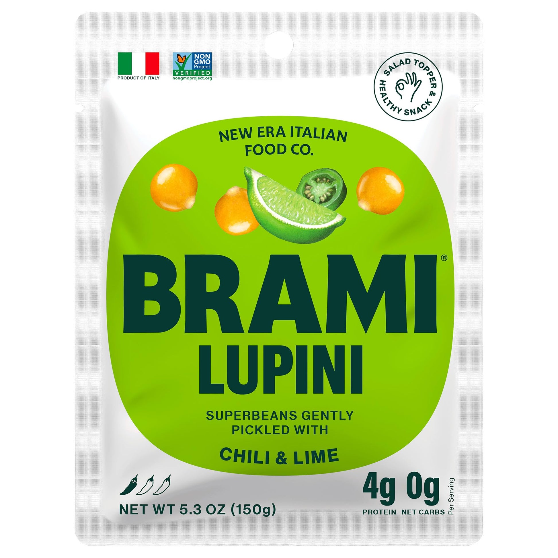 Brami Lupini Beans Snack, Chili & Lime, 7G Plant Based Protein, 0G Net Carbs, Vegan, Vegetarian, Keto, Mediterranean Diet, Non P