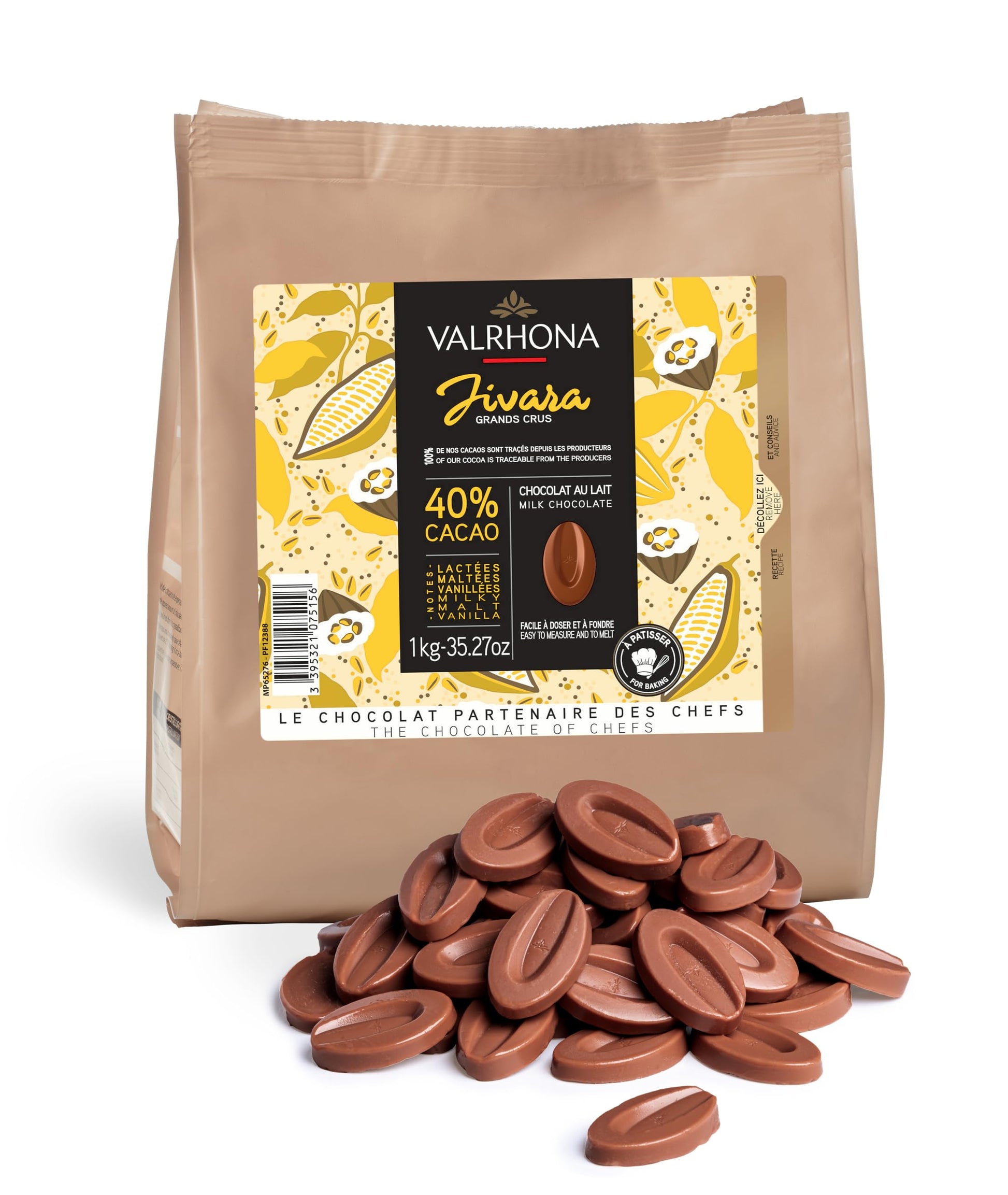 VALRHONA Milk Chocolate Discs 40% Cacao, Easy Melt for Baking, 1kg Pack