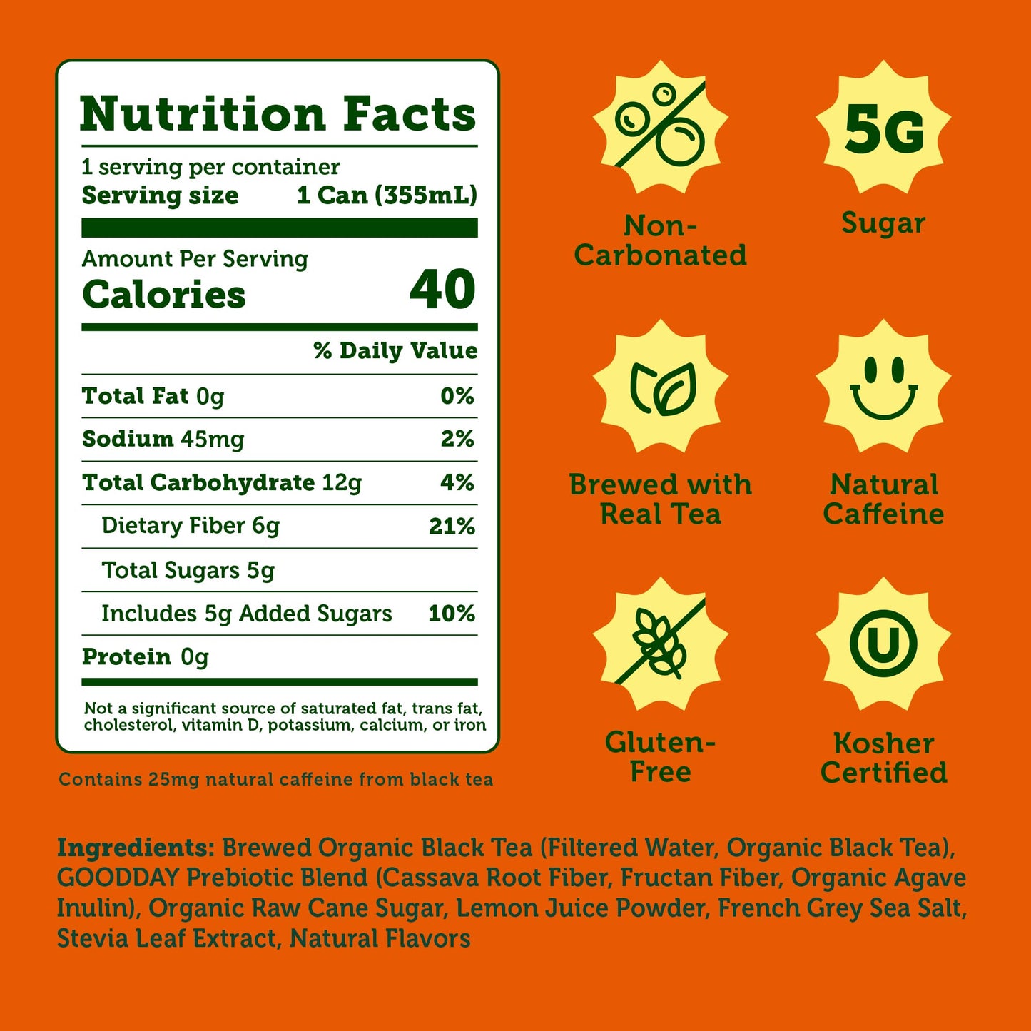 Halfday Iced Tea Cans, Prebiotic Half & Half, Low Sugar, 12 fl oz, 12 Pack, Gluten Free, 40 Calories, Natural Caffeine