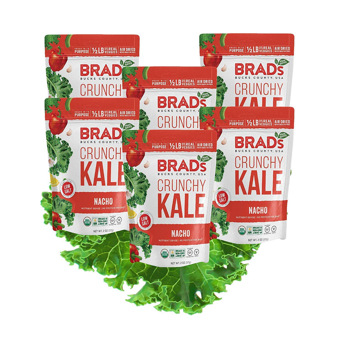 Brads Plant Based Organic Crunchy Kale, Nacho, 6 Bags, 12 Servings Total