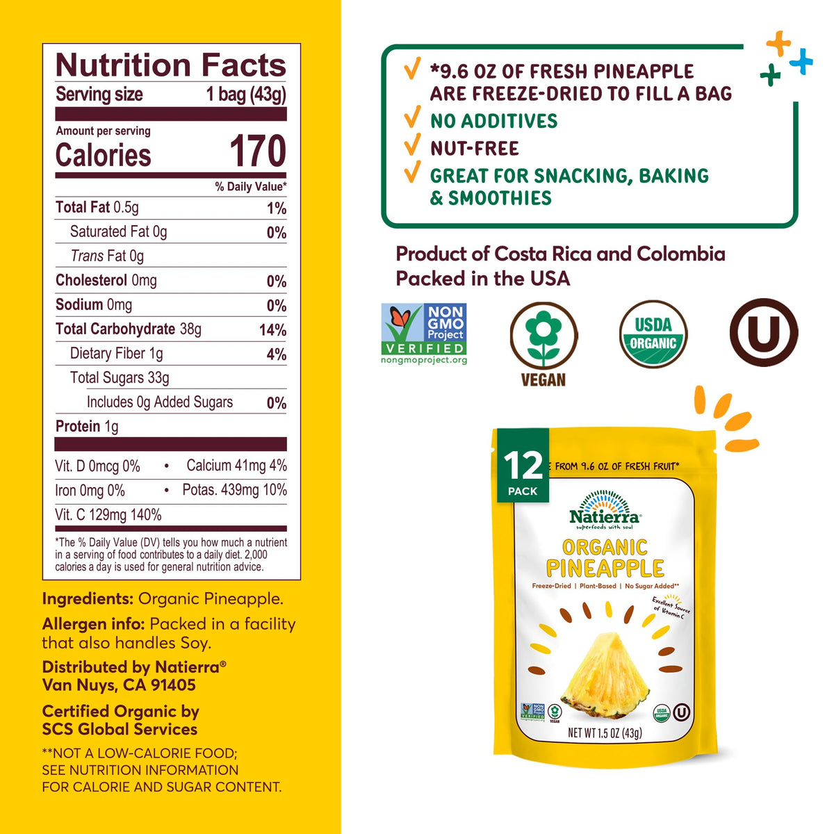 Natierra Nature'S All Foods Organic Freeze-Dried Pineapples, Usda Certified Organic, Vegan, Non-Gmo, 1.5 Ounce (Pack Of 12)