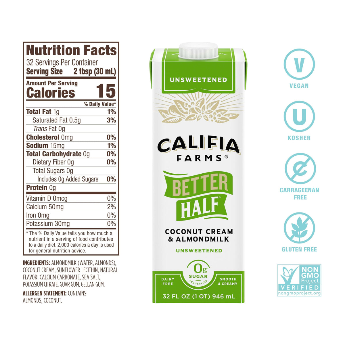 Califia Farms - Unsweetened Better Half, Half and Half Substitute, 32 Oz (Pack of 6), Almond Milk, Coconut Cream, Coffee Creamer