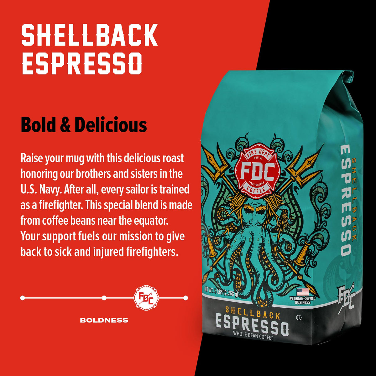 Fire Department Coffee Shellback Espresso Beans - Bold & Smooth - 5 LB Bulk - Veteran Owned - Roasted in the USA