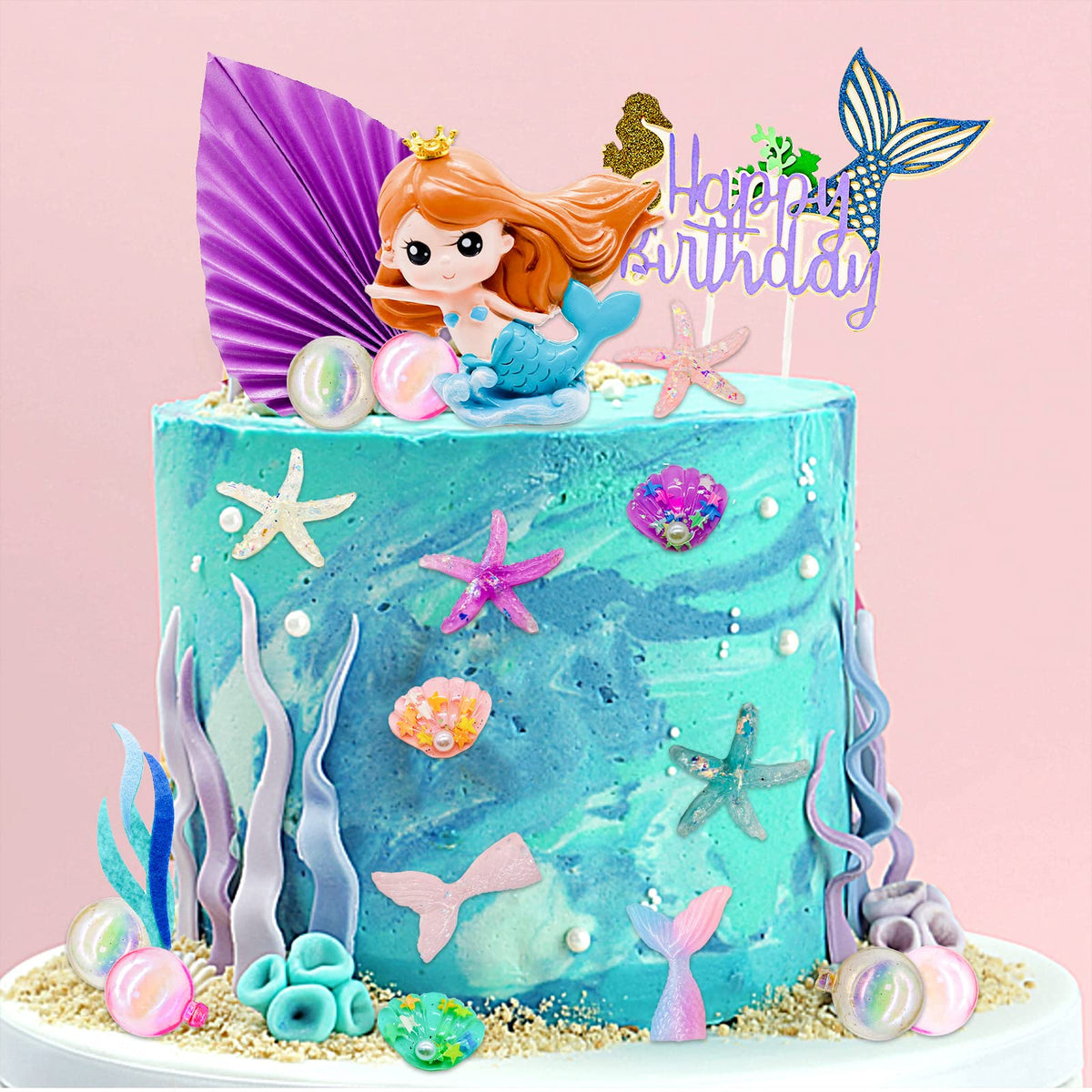 Lukinuo Mermaid Cake Toppers 24Pcs Little Mermaid Figurine Under The Sea Cake Topper Seaweed Palm Leaves Bubble Starfish Shell M