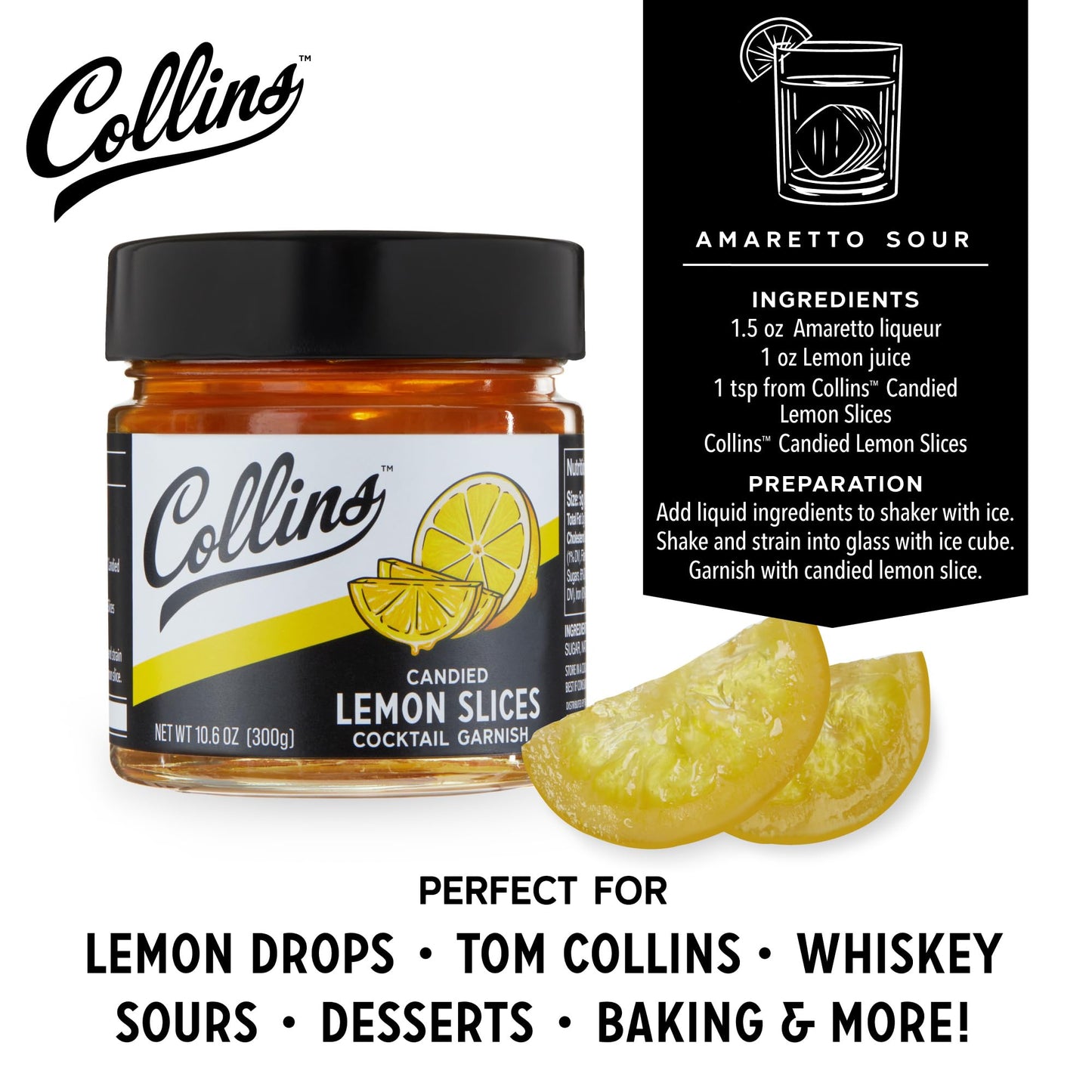 Collins Candied Lemon Slices in Syrup, Cocktail Drink Garnish, 10.6oz, Yellow, Model 11488