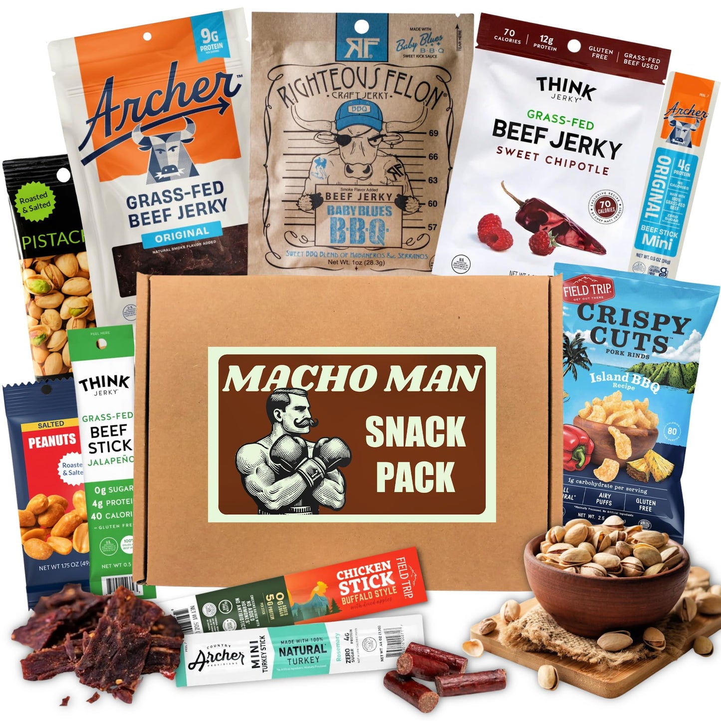 Macho Man Snack Pack Jerky Gift Box - High Protein Snacks For Men, Curated Beef Jerky Assortment Gift Box For Men, Husband, Dad, Boyfriend, Low Carb Keto
