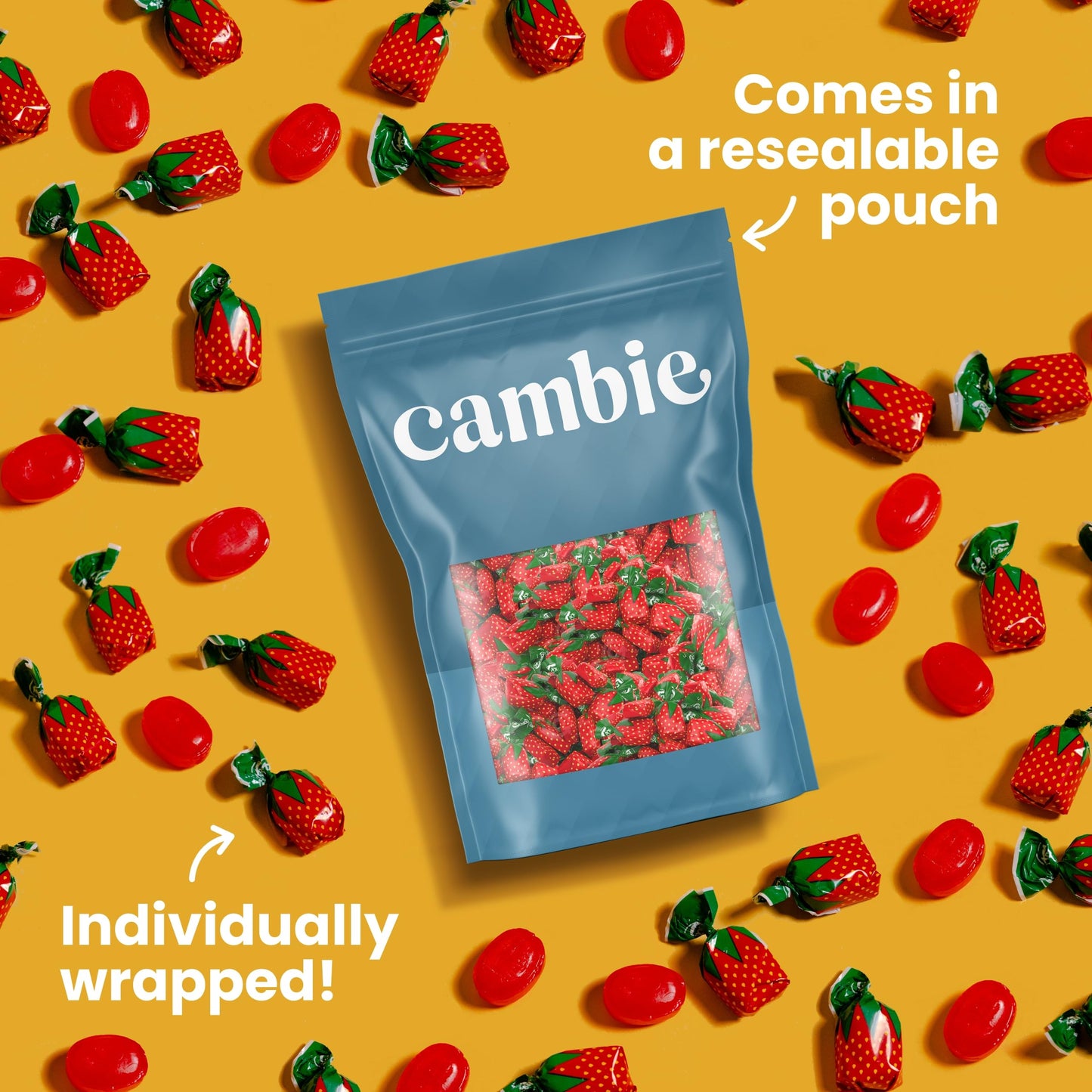 Strawberry Hard Candy Individually Wrapped by Cambie, 4 lbs of Halloween Candy Bulk with a Deliciously Sweet Hard Exterior with