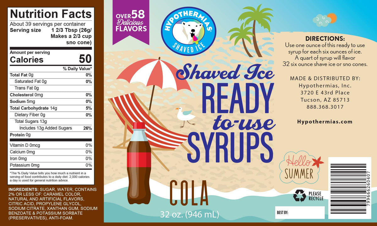 Hypothermias Shaved Ice & Snow Cone Syrup - Quart (32 Fl. Oz) - Cola - Non-GMO 100% Pure Cane Sugar