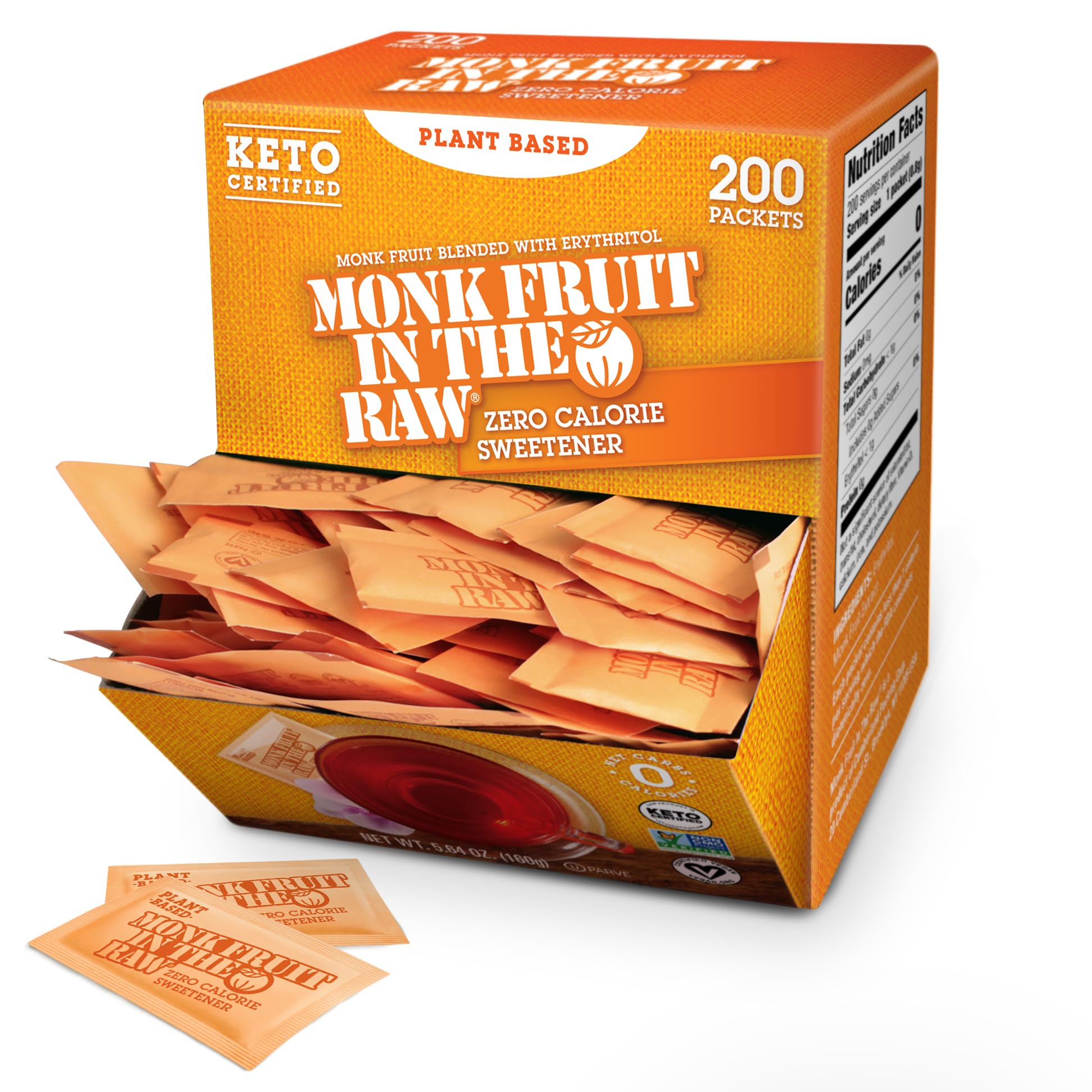 Monk Fruit In The Raw Sweetener Packets, 200 Ct, Keto Certified Monk Fruit Sweetener Packets, Zero Calories, Zero Net Carbs, Non
