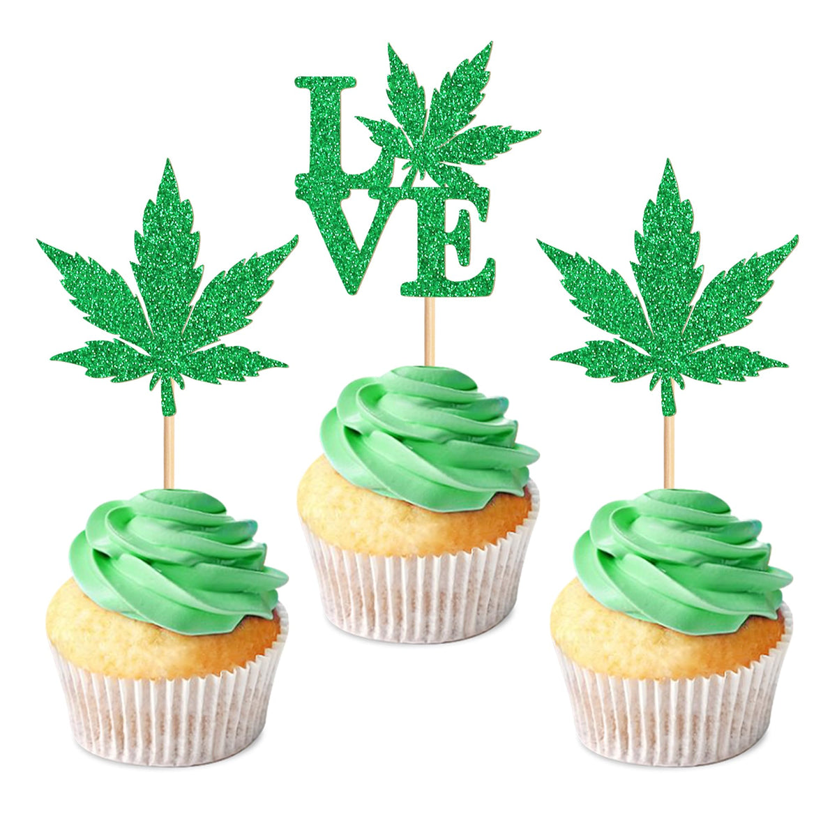 Ercadio 24 Pcs Green Glitter Cupcake Toppers for Birthday Party Decorations