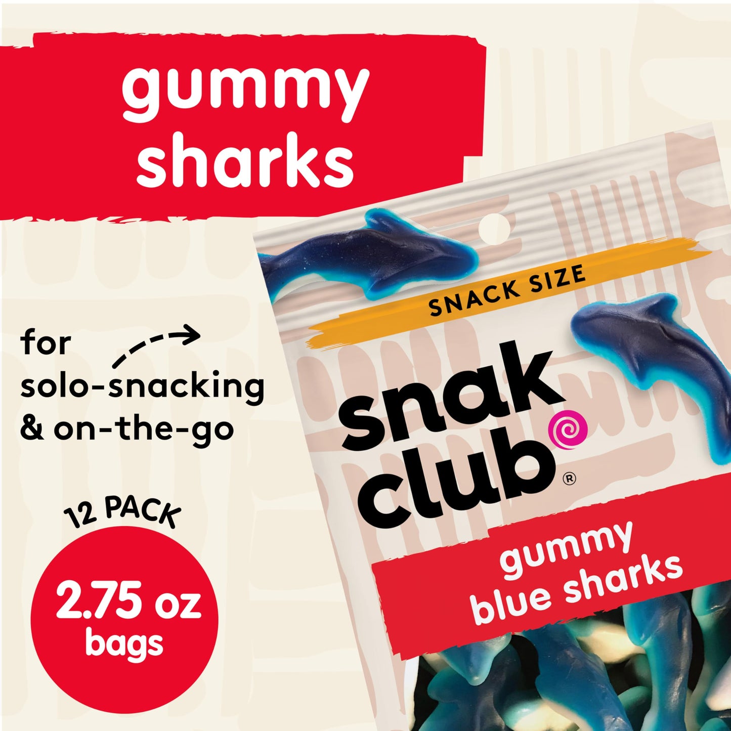 Snak Club Gummy Sharks Candy, Blue Raspberry, Fat-Free & Gluten-Free, 2.75oz x 12 Bags, Model 1785774