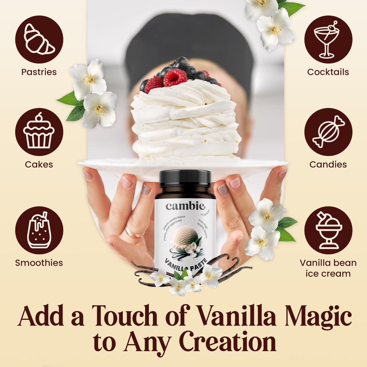 Cambie - Vanilla Bean Paste, Pure Vanilla Paste For Baking And Cooking, All Natural, Non-Gmo, Sustainably Sourced, & Kosher, 4 O
