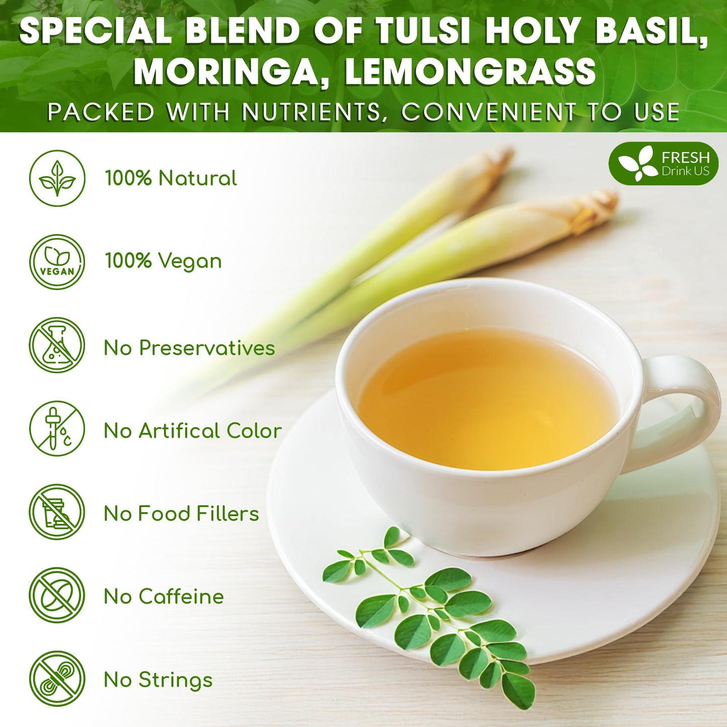 FRESHDRINKUS Premium Tulsi Moringa Lemongrass Tea, 100% Natural, Vegan, 75 Tea Bags