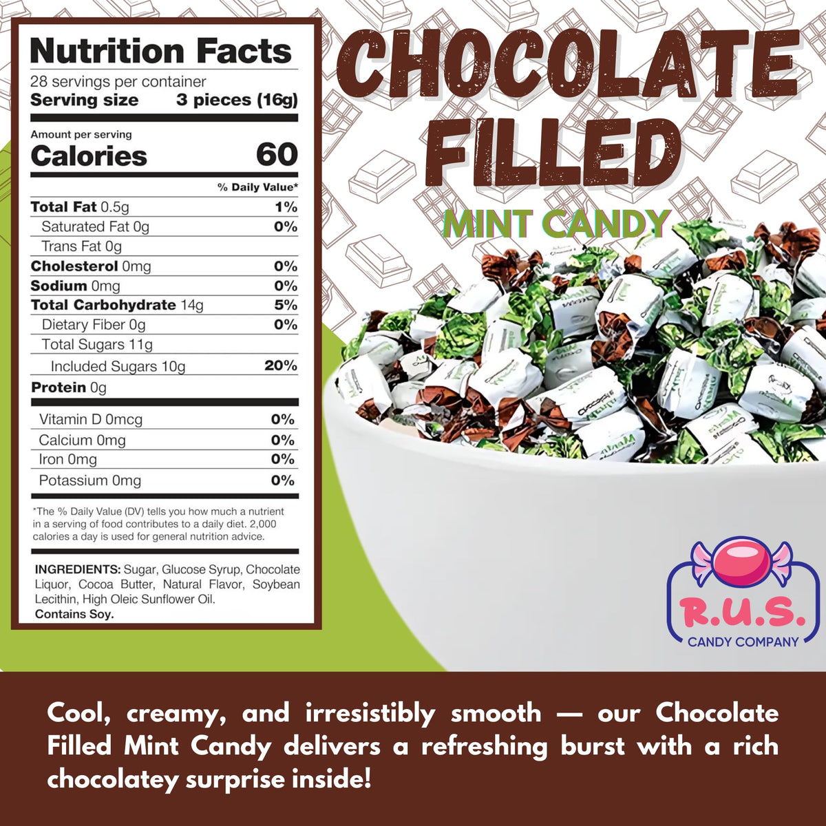 R.U.S. Candy Chocolate Filled Mint Hard Candy - 1 Pound Bag - About 80 Individually Wrapped Pieces