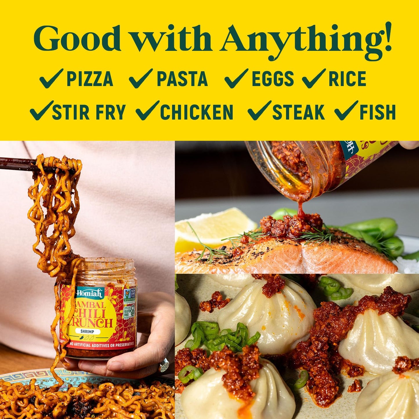 Homiah Sambal Chili Crunch, Shrimp, 6Oz - Less Oil Low Sodium Gluten Free Non-Gmo, Sambal Oelek Chili Paste, Shrimp Paste, Crisp