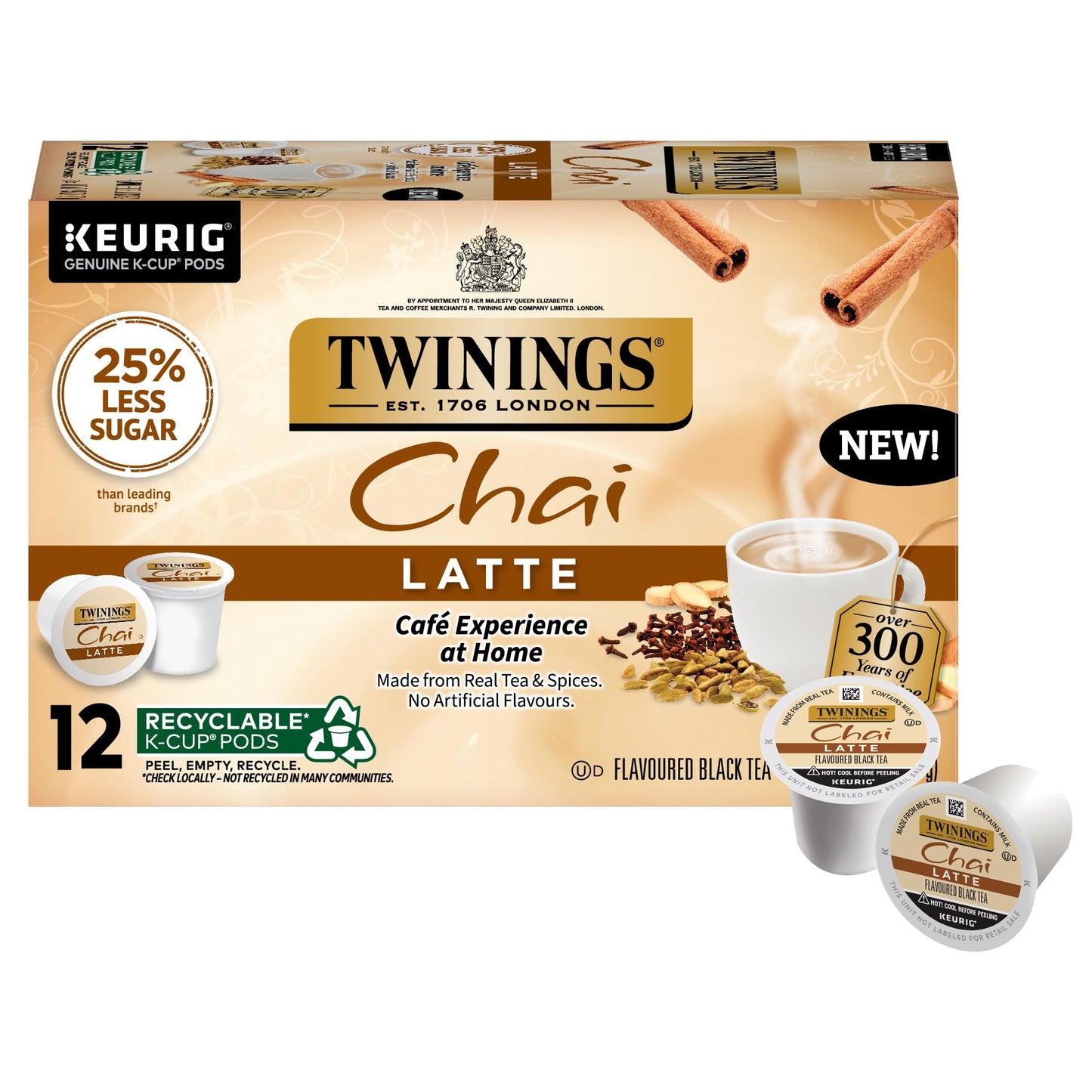 Twinings Chai Latte Black Tea 72 K-Cup Pods for Keurig, 12 Count (Pack of 6), Creamy, Slightly Sweet, Less Sugar, Caffeinated, E