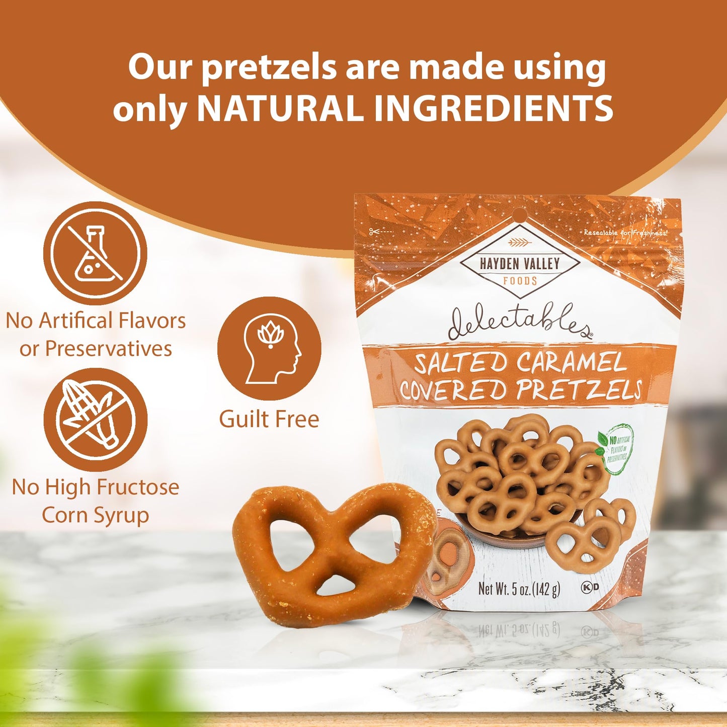 Hayden Valley Foods Salted Caramel Covered Pretzels - Pack of 3 - 5 oz Bags - No Artificial Flavors, Preservatives or Colors
