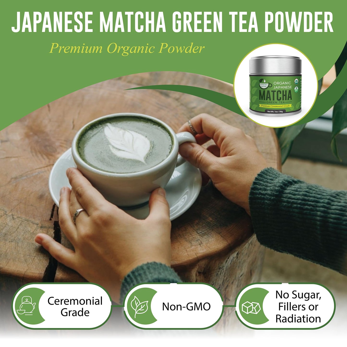 Kyoto Dew Matcha - 1 oz / 30g - USDA & JAS Organic enhanced Ceremonial Japanese Matcha Green Tea Powder - Stone-Ground First Harvest - Zero Sugar