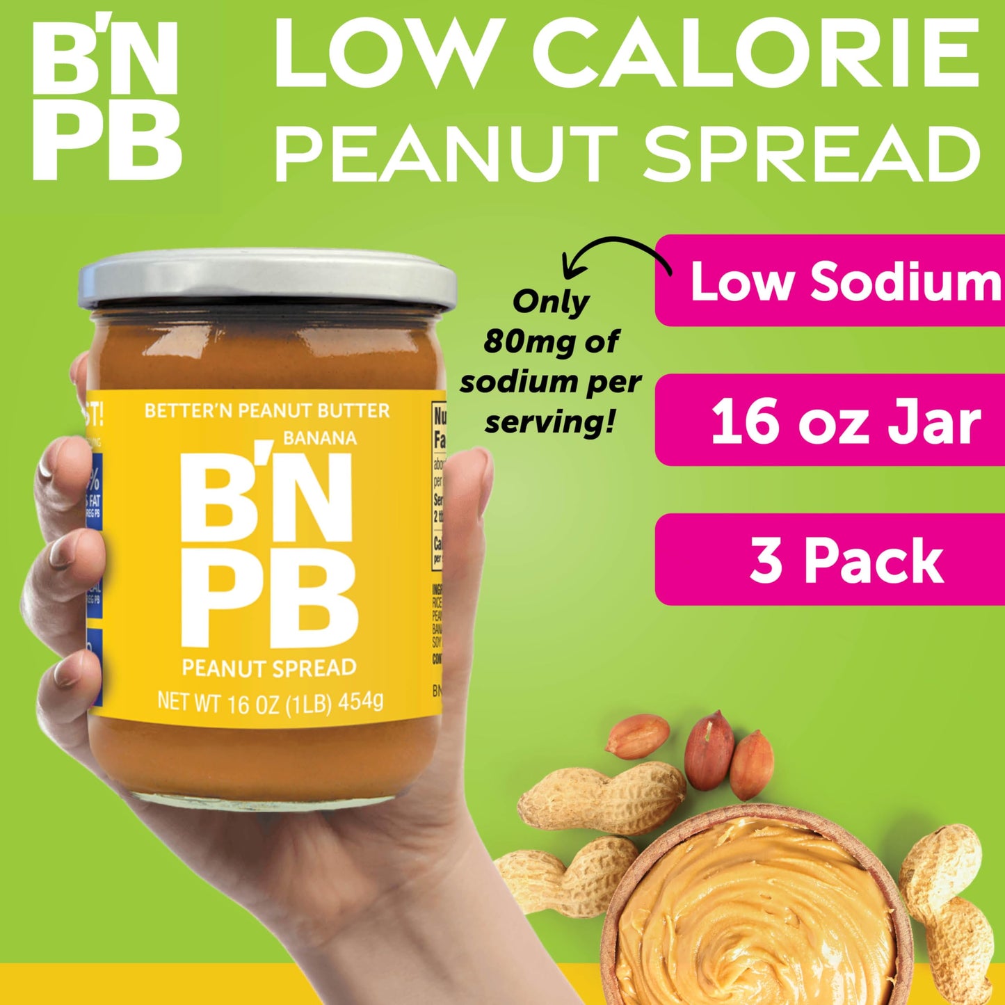 Better’n Peanut Butter Low Fat Banana Peanut Butter Spread, Creamy, Gluten Free, 16 oz. Glass Jars, Pack of 3