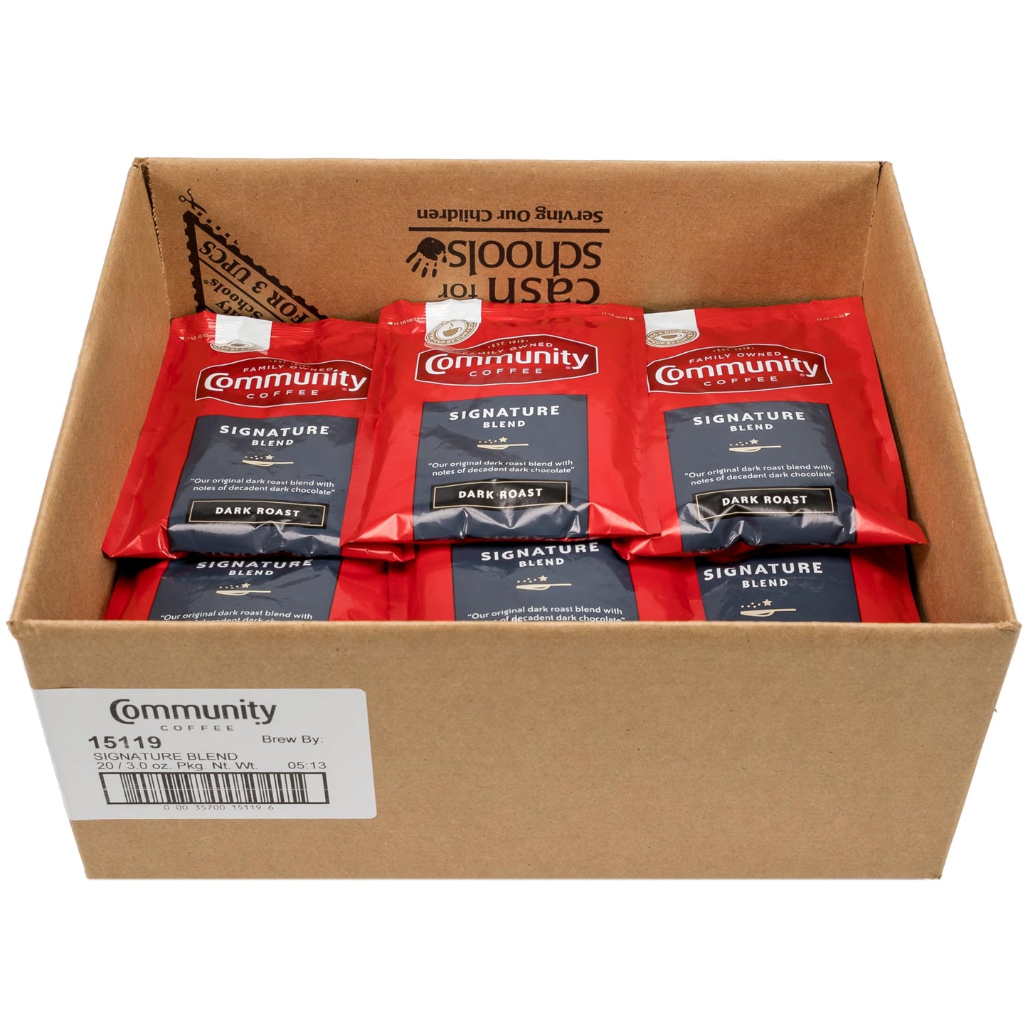 Community Coffee Signature Blend Dark Roast Coffee Packs, 3 Ounce Bag, Box of 20