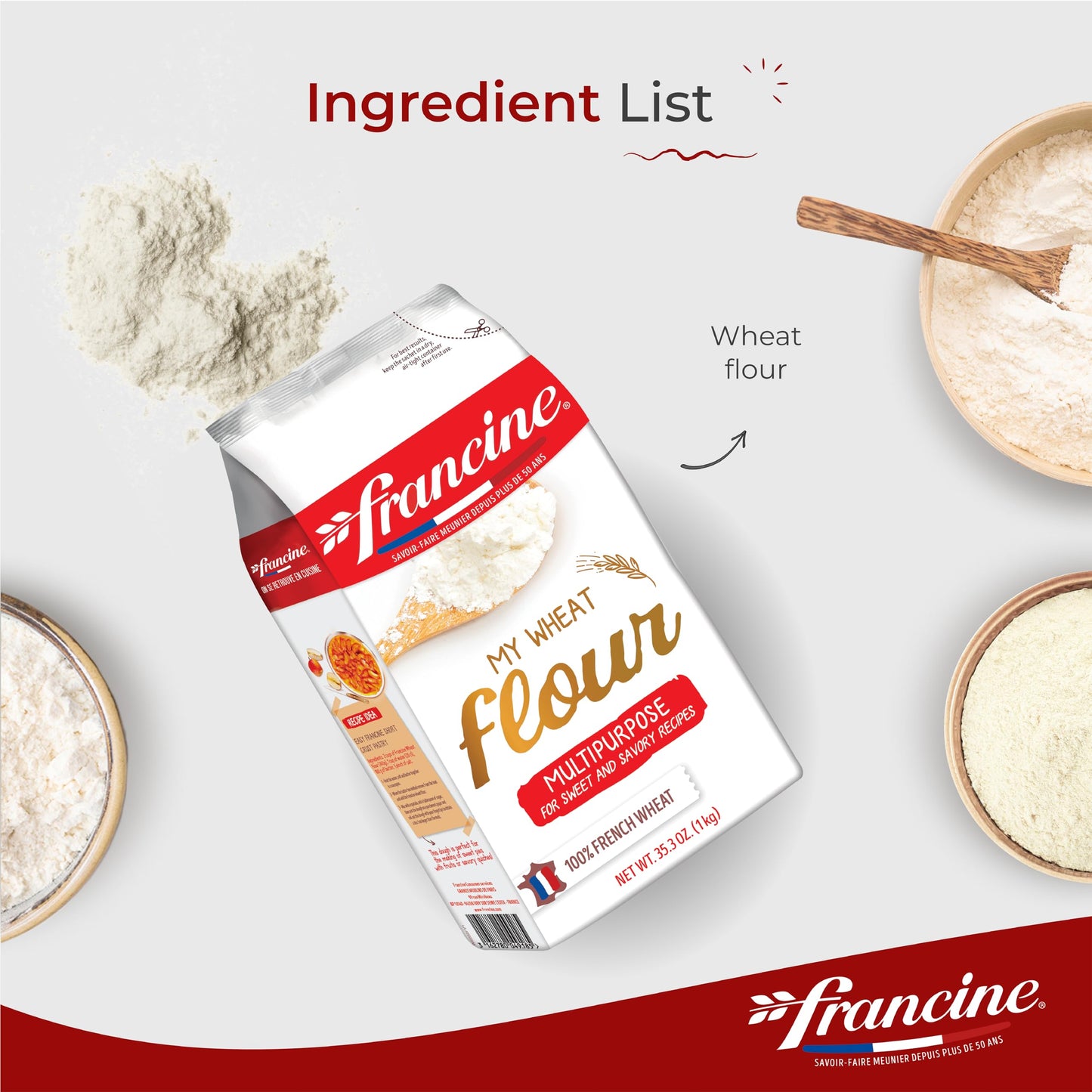 Francine Farine De Ble Tous Usages - French All Purpose Wheat Flour - 2.2 Lbs (2 Of Pack)