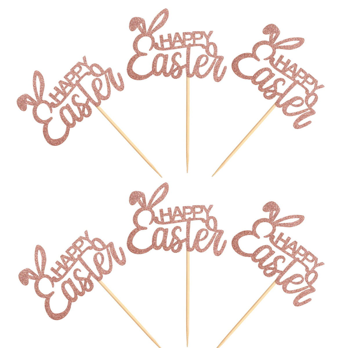Ercadio 36 Pack Happy Easter Cupcake Toppers Rose Gold Glitter Bunney Ear Cupcake Picks Happy Easter Theme Party Cake Decoration