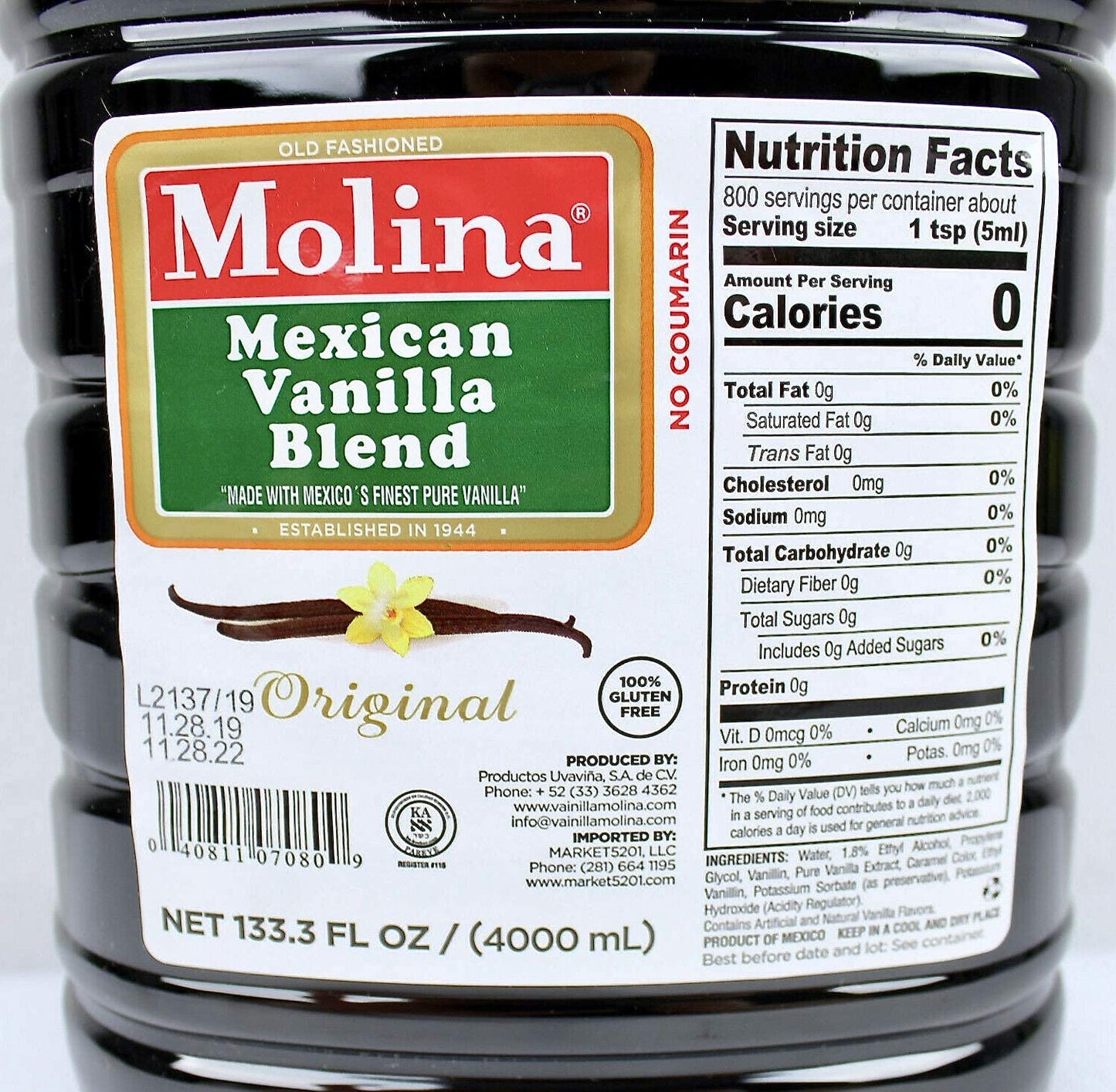 Molina Mexican Vanilla Extract - 133.3 FL oz (4000 ml) - Pure Flavor for Baking and Cooking