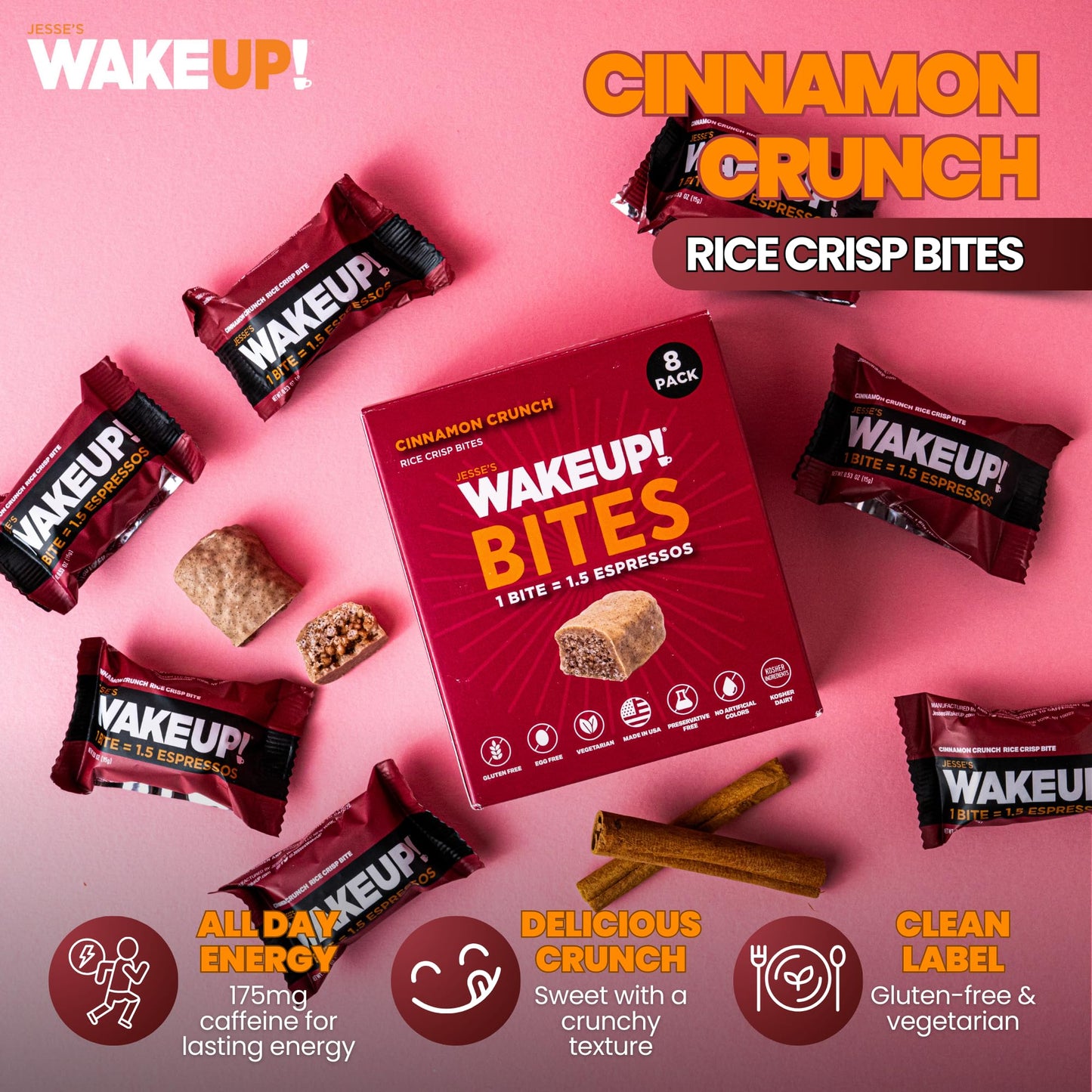 Jesses WakeUP! Cinnamon Crunch Protein Bites - 175mg Caffeine per Bite - Gluten-Free, Vegetarian - 8 Pack
