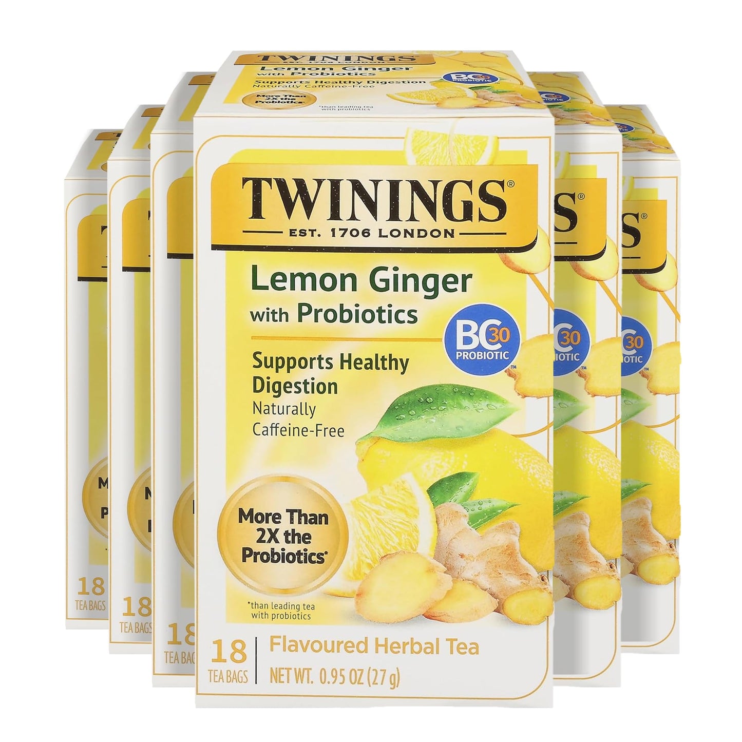 Twinings Herbal Tea, Probiotics+ Lemon & Ginger, Caffeine-Free, 18 Bags, Pack of 6, Yellow