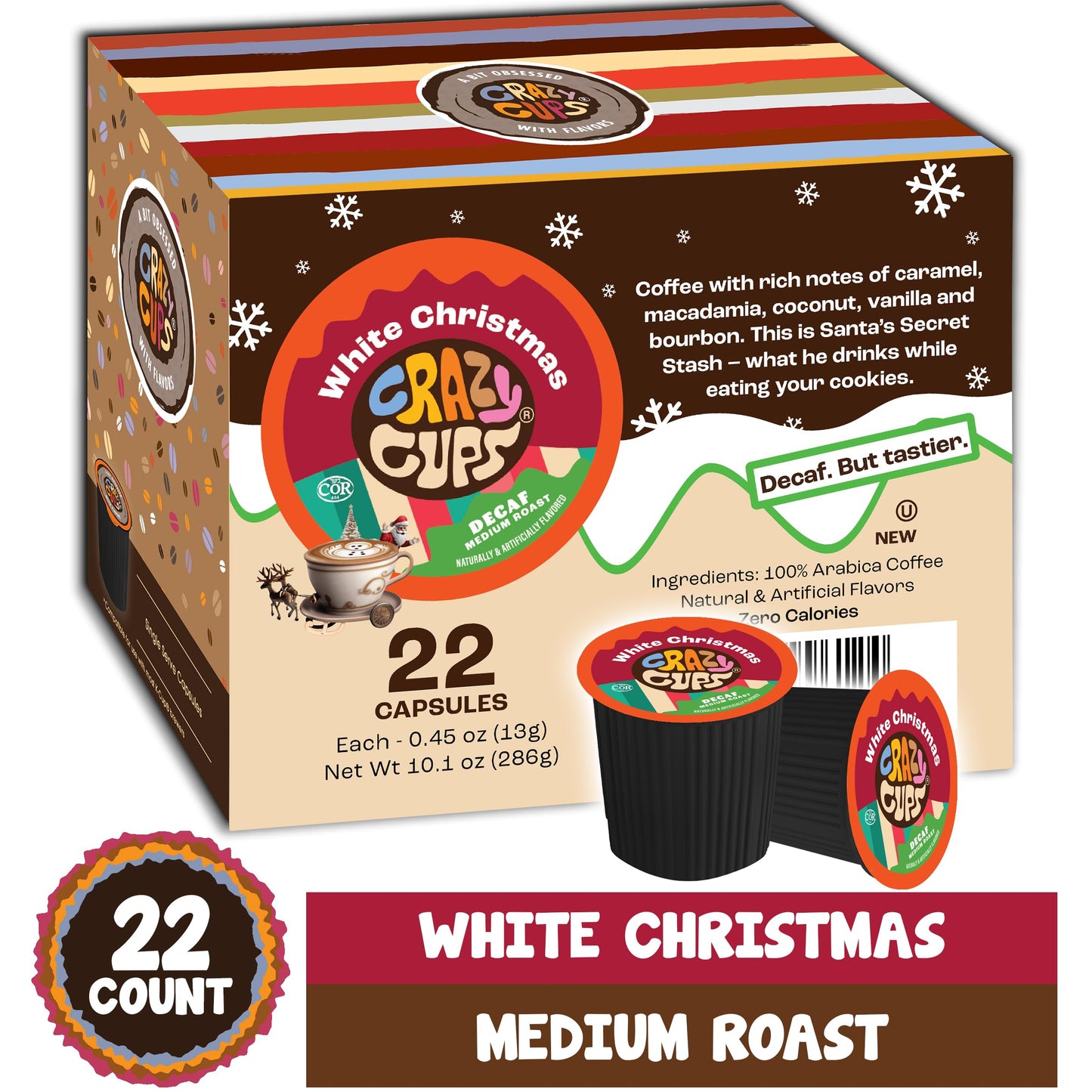 Crazy Cups Decaf White Christmas Flavored Coffee Pods, Decaf Holiday Coffee, Single Serve Coffee For Keurig K Cups Machines, Medium Roast Coffee, 22 Count